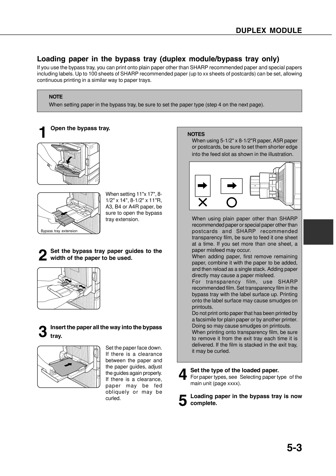 Sharp AR-350, AR_M280 operation manual Duplex Module, Open the bypass tray, Set the type of the loaded paper 