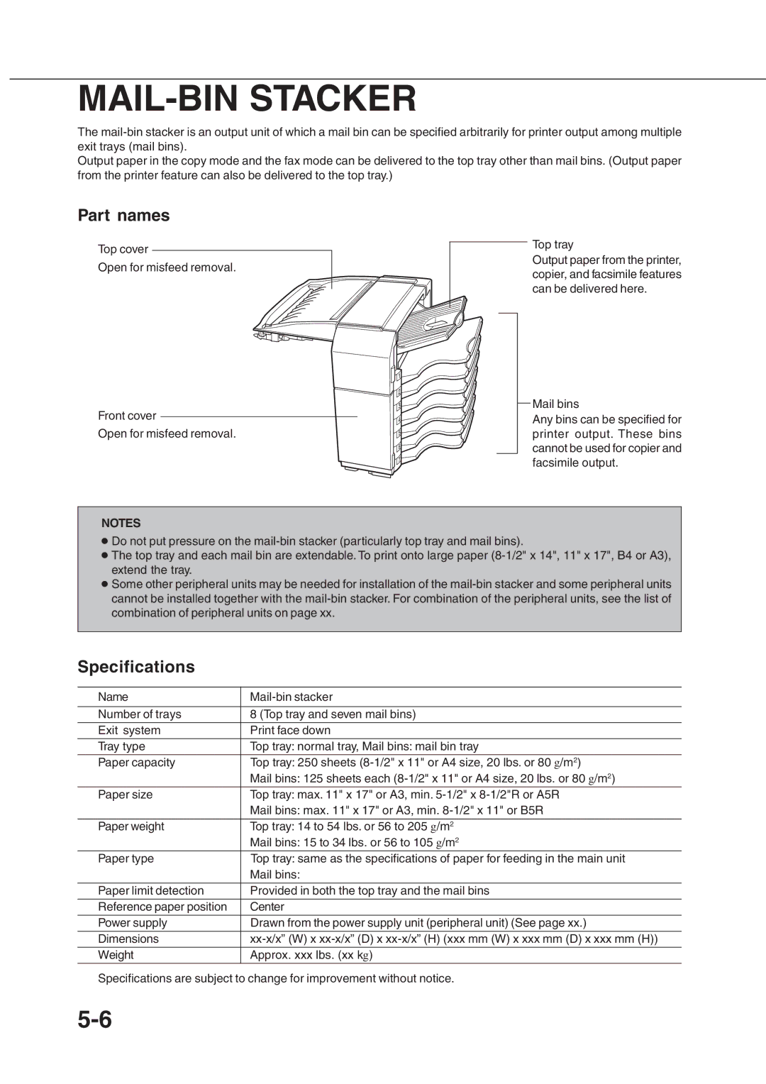 Sharp AR_M280, AR-350 operation manual MAIL-BIN Stacker, Part names 