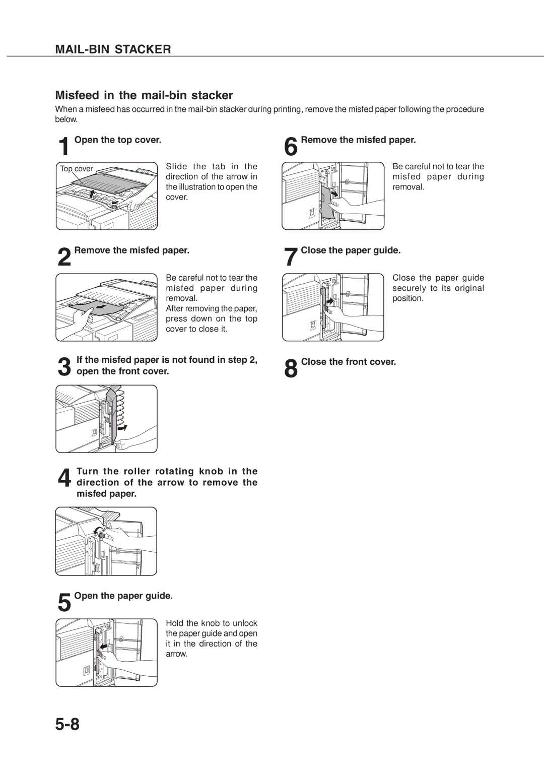 Sharp AR_M280, AR-350 operation manual Misfeed in the mail-bin stacker, Open the top cover, Close the paper guide 