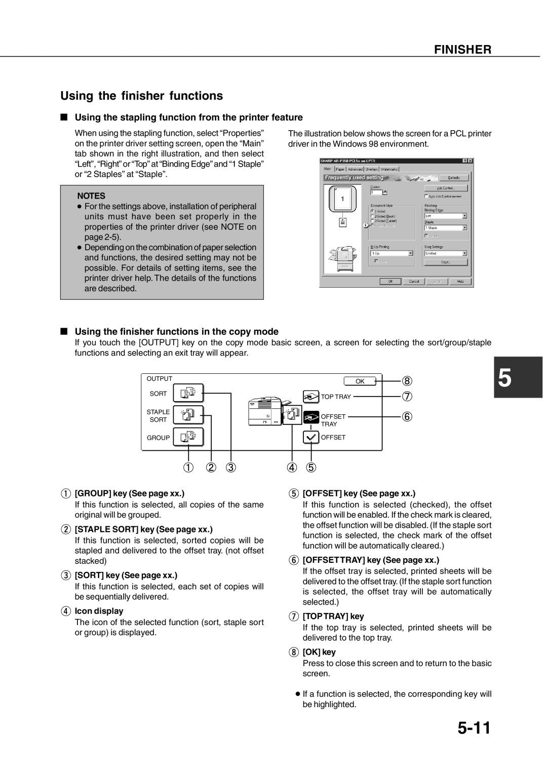 Sharp AR-350, AR_M280 operation manual Using the finisher functions, Using the stapling function from the printer feature 