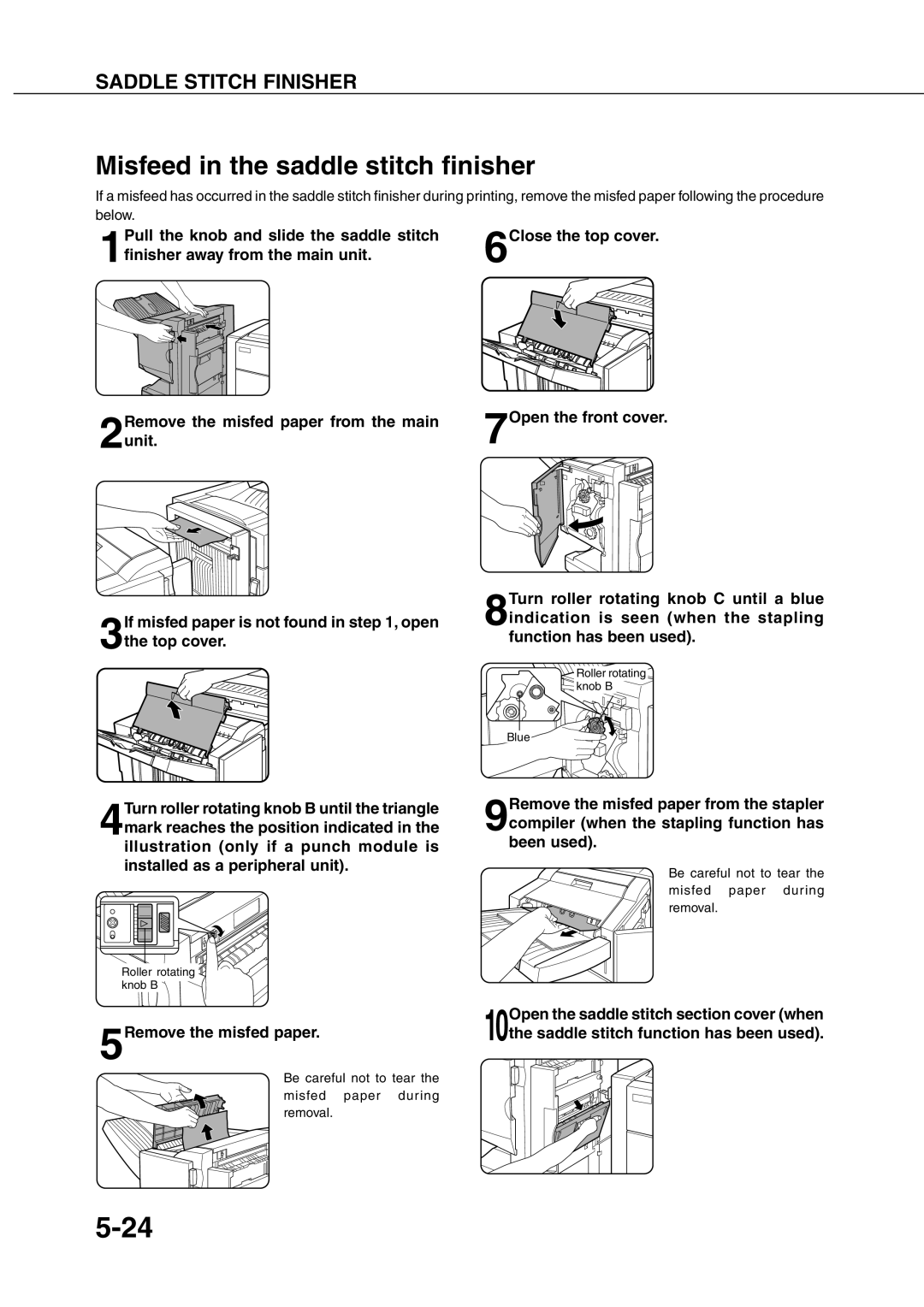 Sharp AR_M280 Misfeed in the saddle stitch finisher, Pull the knob and slide the saddle stitch, 5Remove the misfed paper 