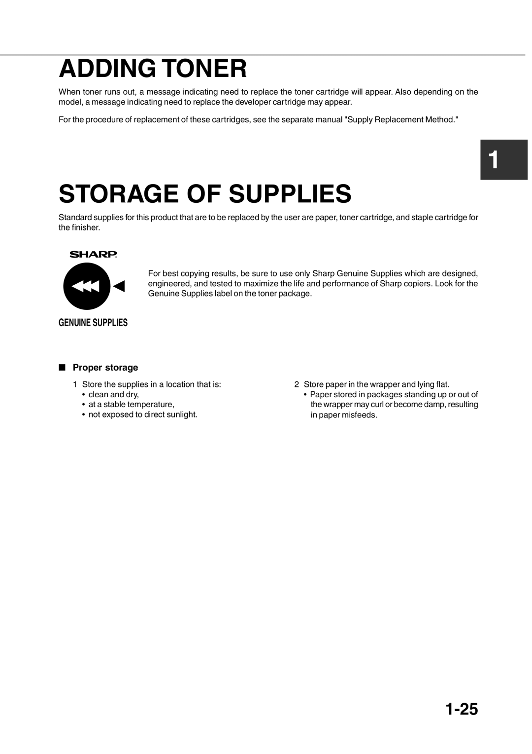 Sharp AR-350, AR_M280 operation manual Adding Toner, Storage Of Supplies, 1-25, Genuine Supplies, Proper storage 