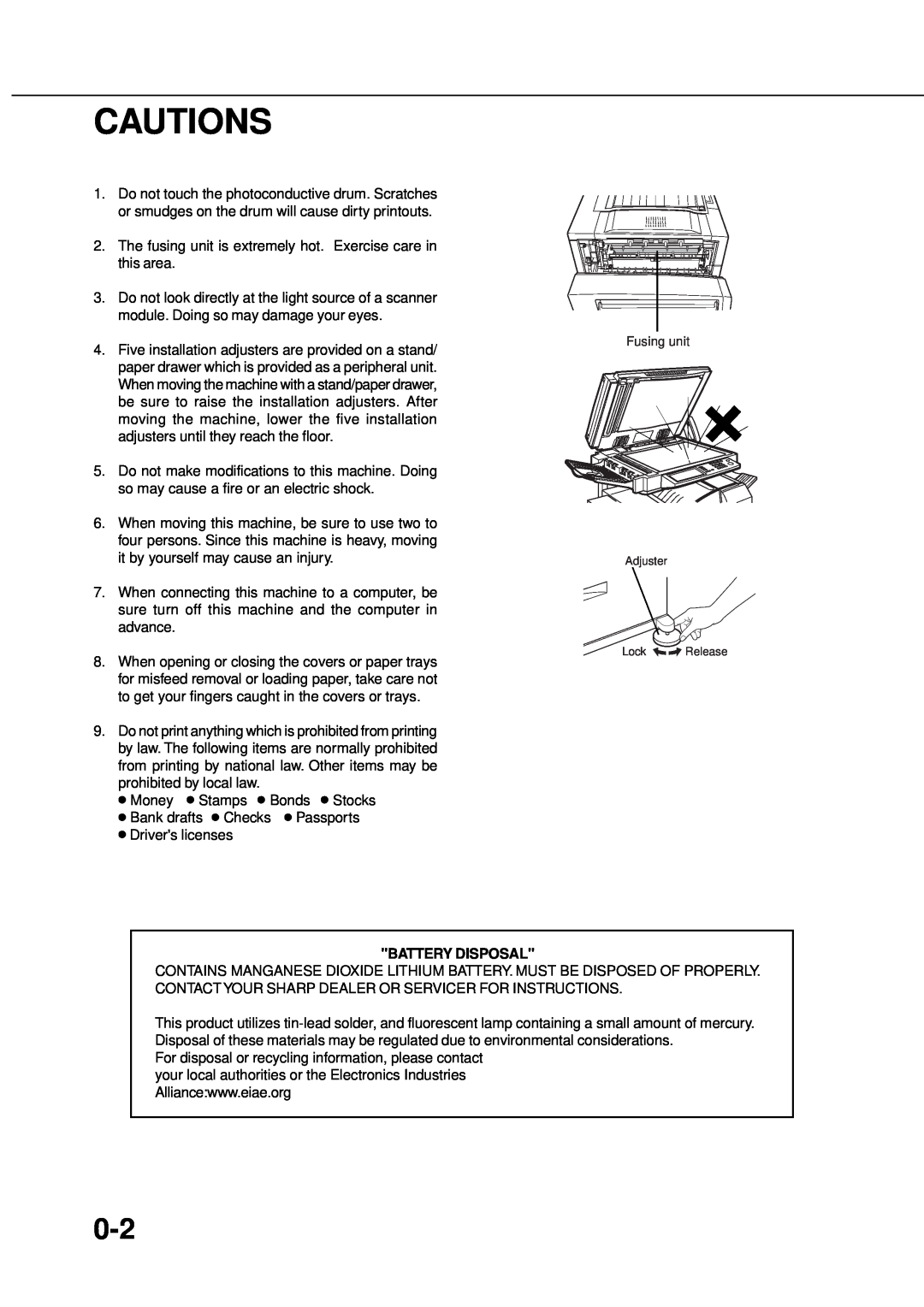 Sharp AR_M280, AR-350 operation manual Cautions, Battery Disposal 