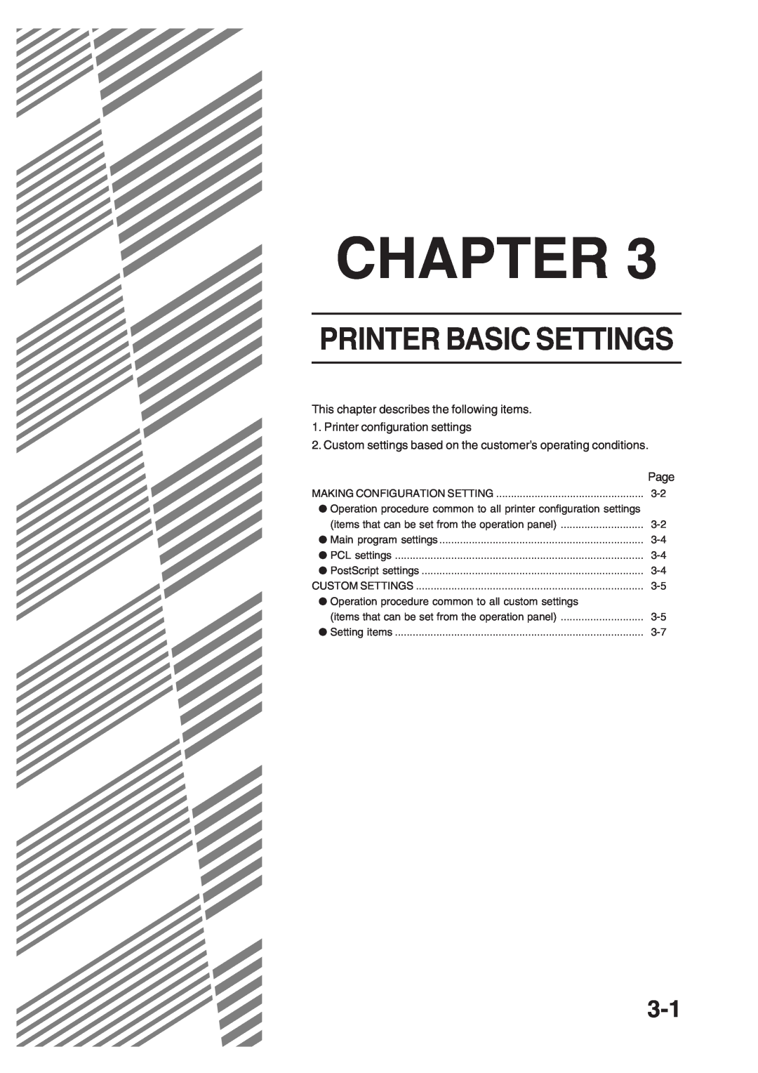 Sharp AR-350 Printer Basic Settings, Chapter, This chapter describes the following items, Printer configuration settings 