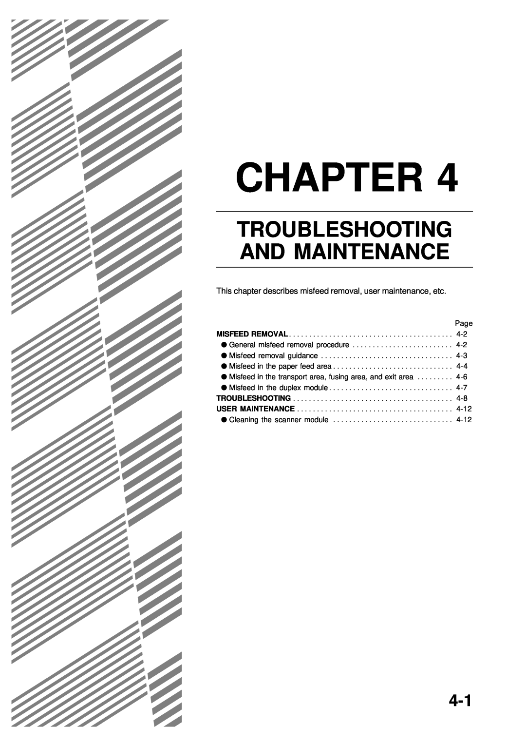 Sharp AR-350 Troubleshooting And Maintenance, Chapter, This chapter describes misfeed removal, user maintenance, etc 