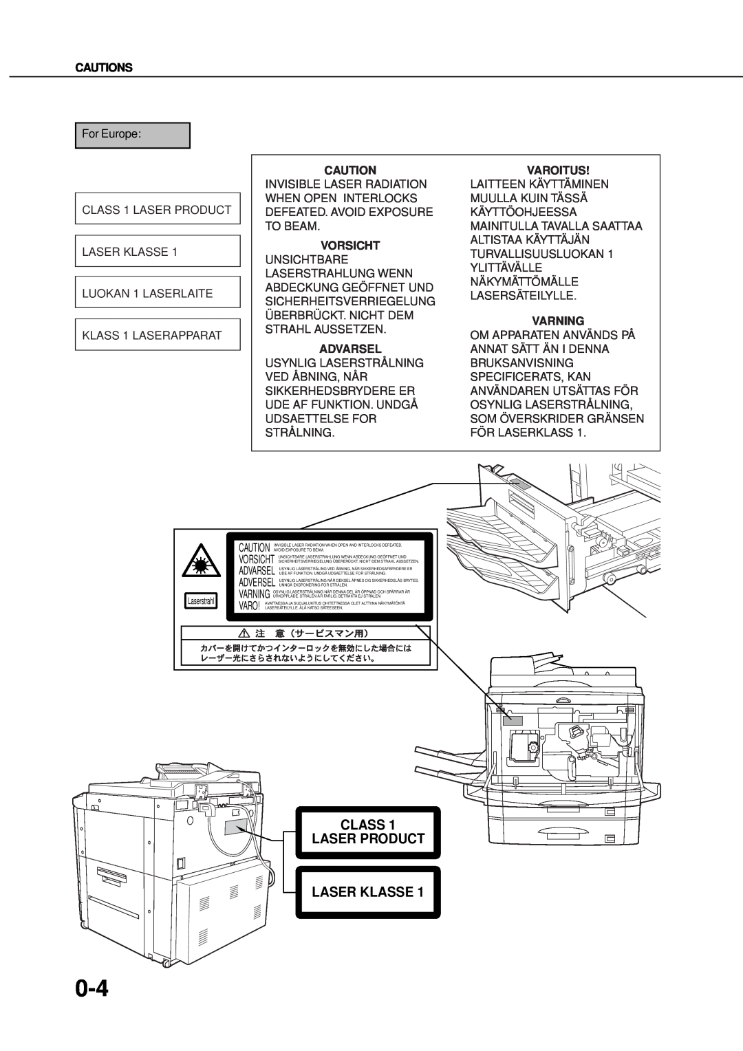 Sharp AR_M280, AR-350 operation manual Class Laser Product Laser Klasse, Cautions, Varoitus, Vorsicht, Varning, Advarsel 