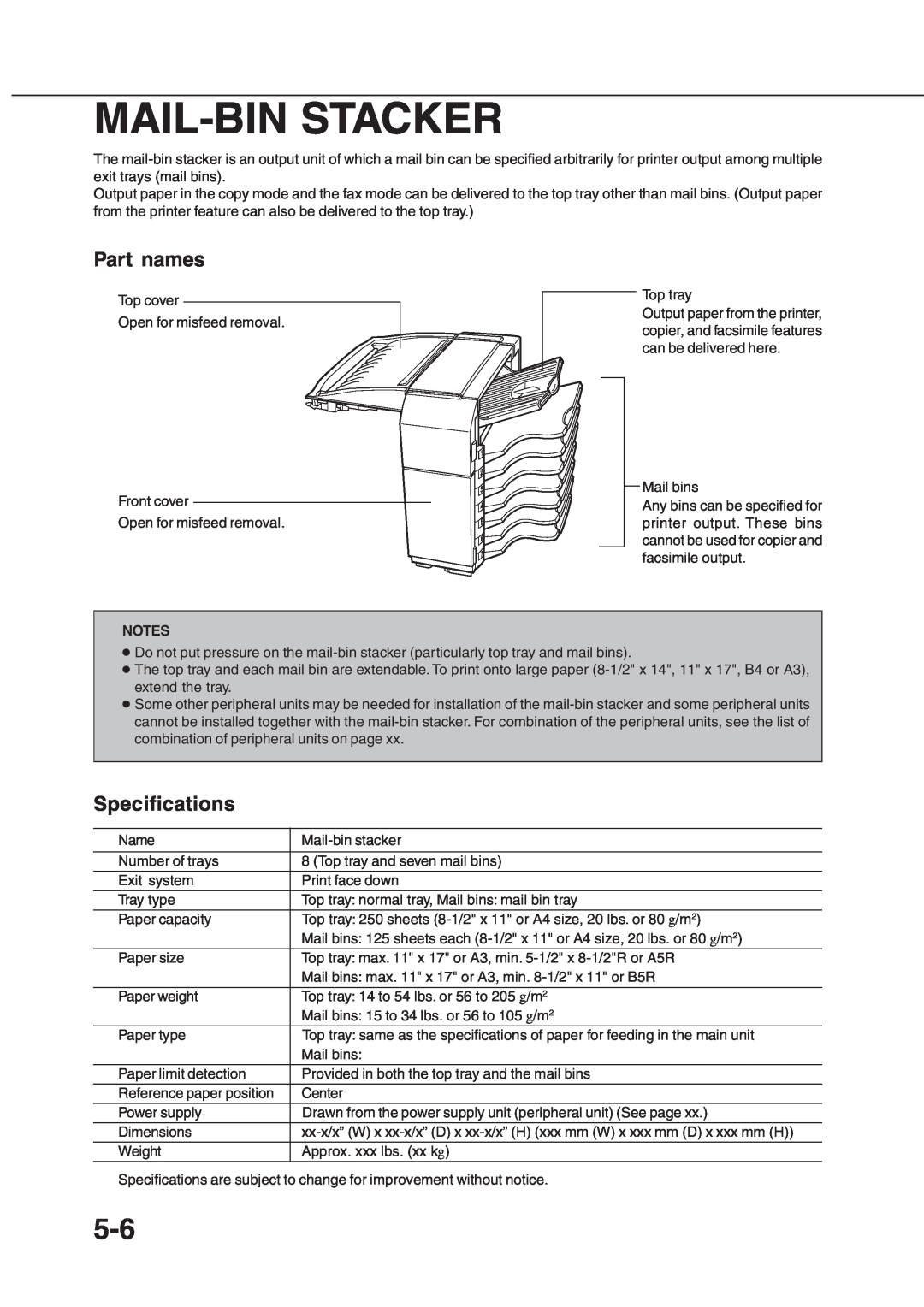 Sharp AR_M280, AR-350 operation manual Mail-Bin Stacker, Part names, Specifications 