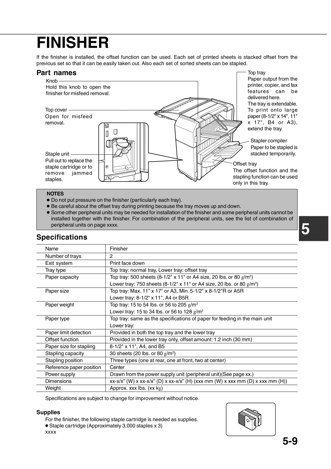 Sharp AR-350, AR_M280 operation manual Finisher, Supplies, Part names, Specifications 