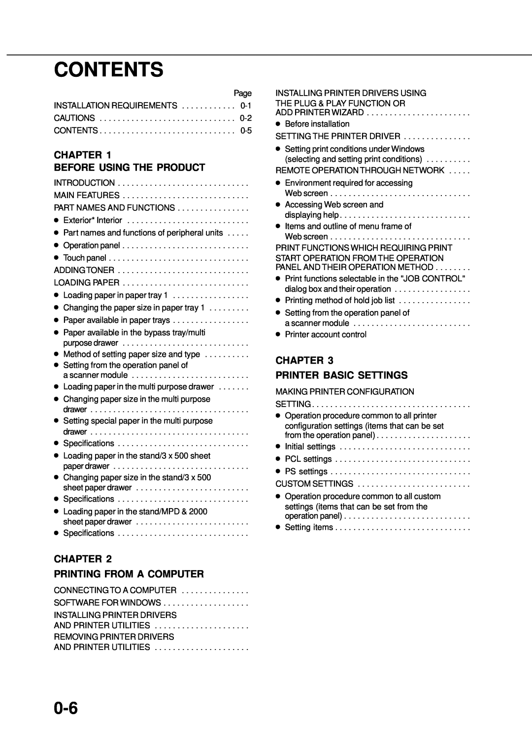 Sharp AR_M280, AR-350 operation manual Contents, Chapter Before Using The Product, Chapter Printer Basic Settings 