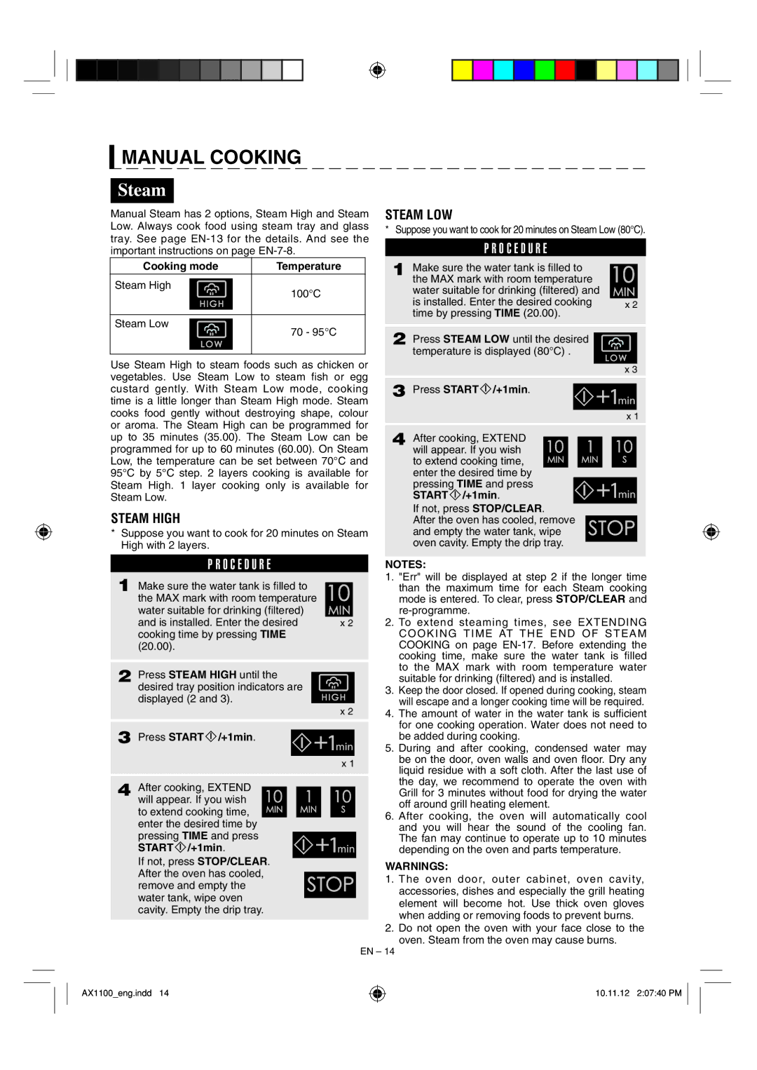 Sharp AX-1100 operation manual Manual Cooking, Steam, Cooking mode 