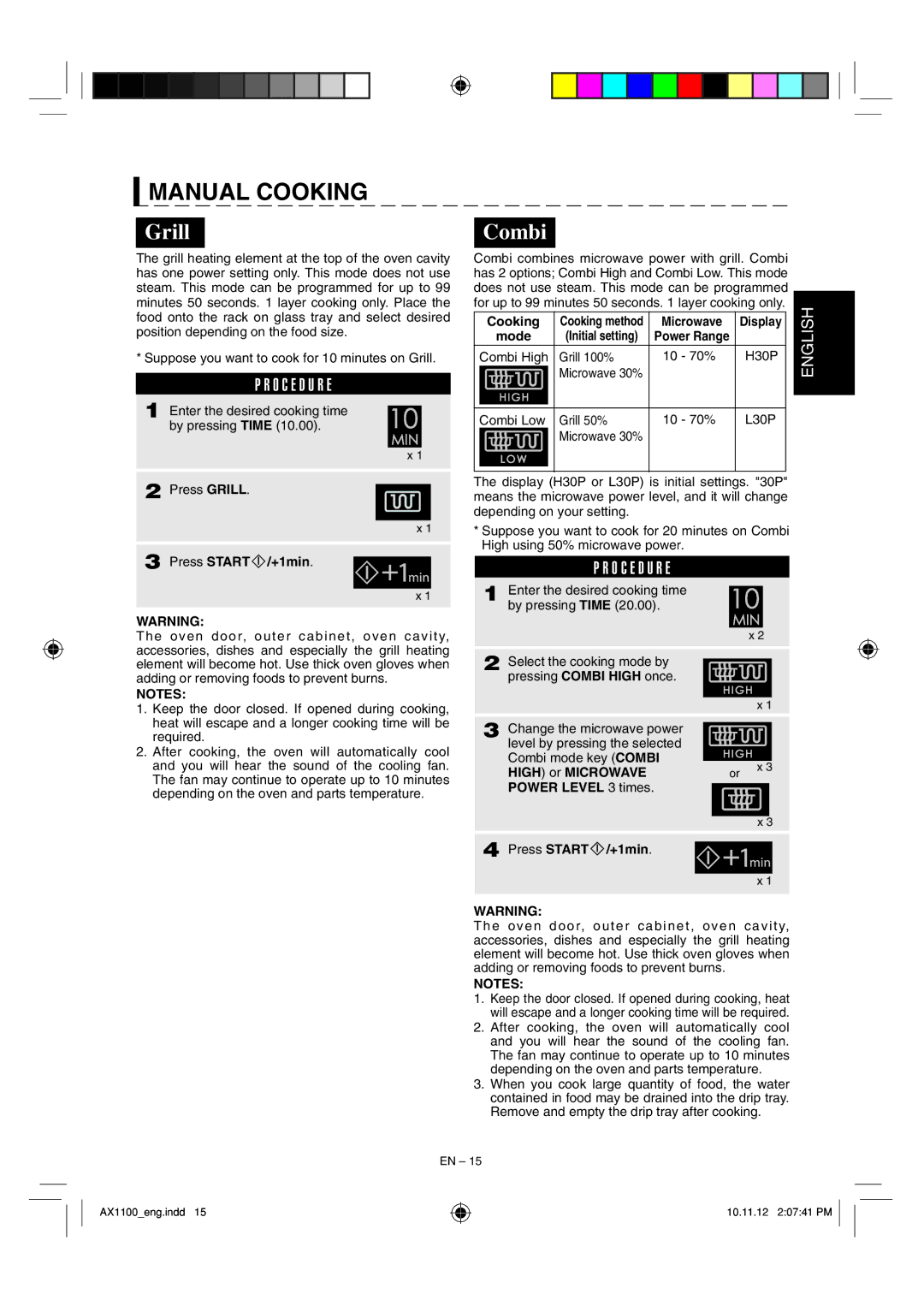 Sharp AX-1100 operation manual Grill, Combi, Cooking, High or Microwave Power Level 3 times Press Start /+1min 