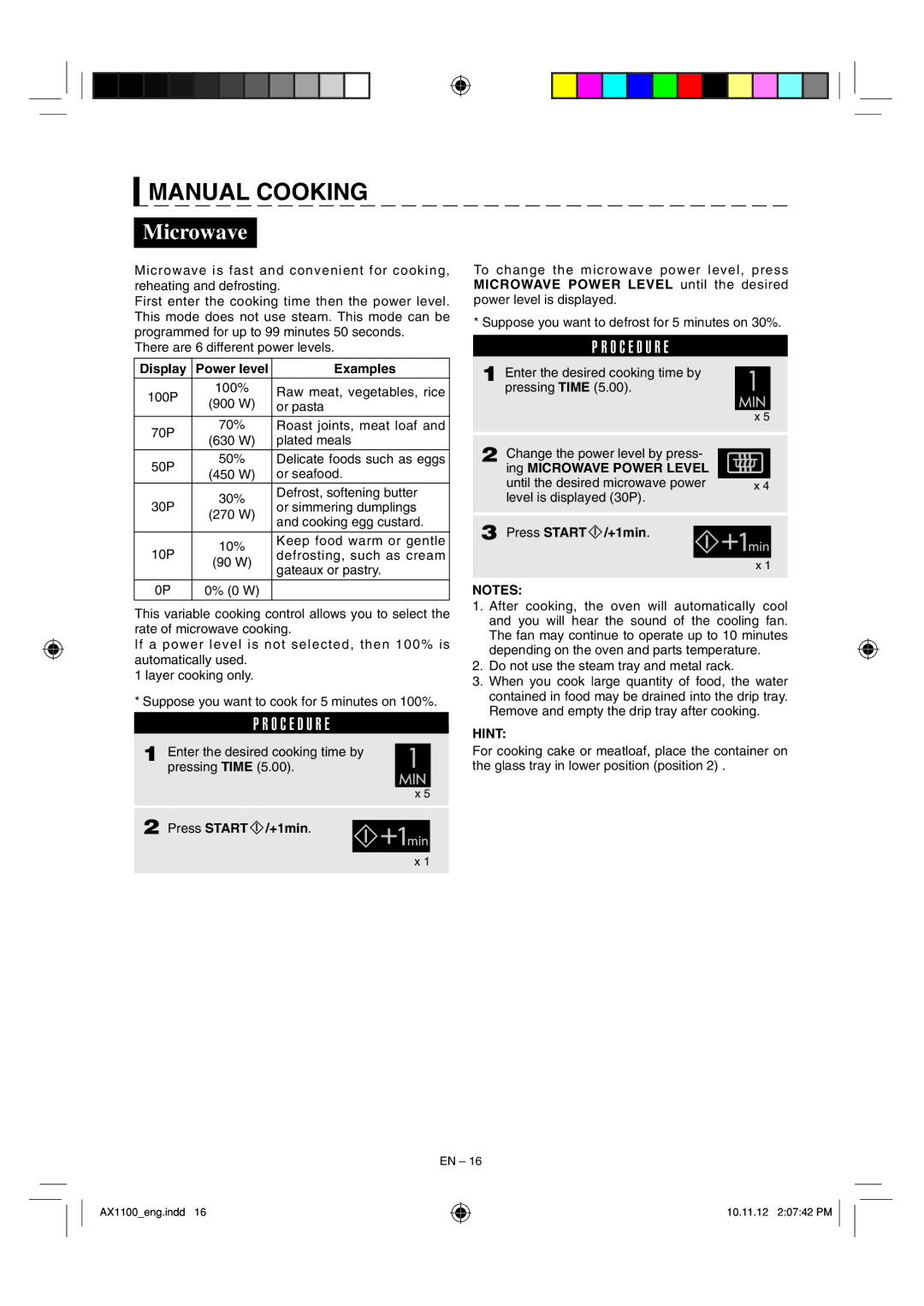 Sharp AX-1100 operation manual Microwave, Display, Examples, Hint 