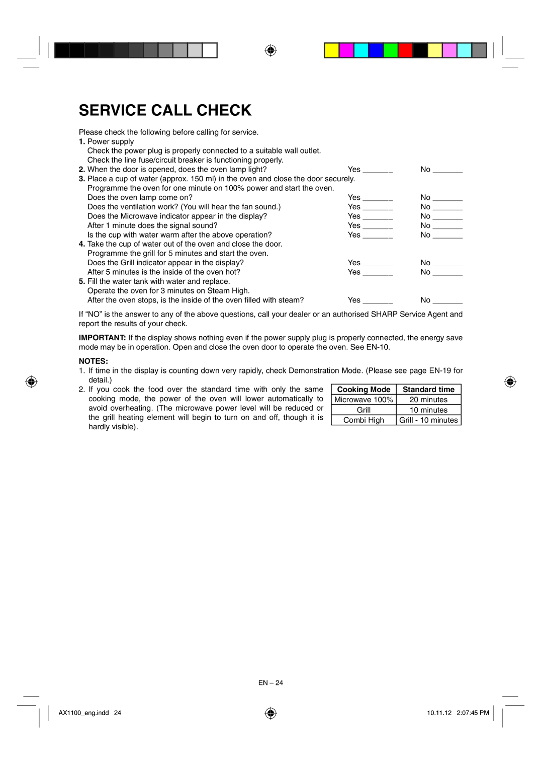 Sharp AX-1100 operation manual Service Call Check, Yes, Cooking Mode Standard time 