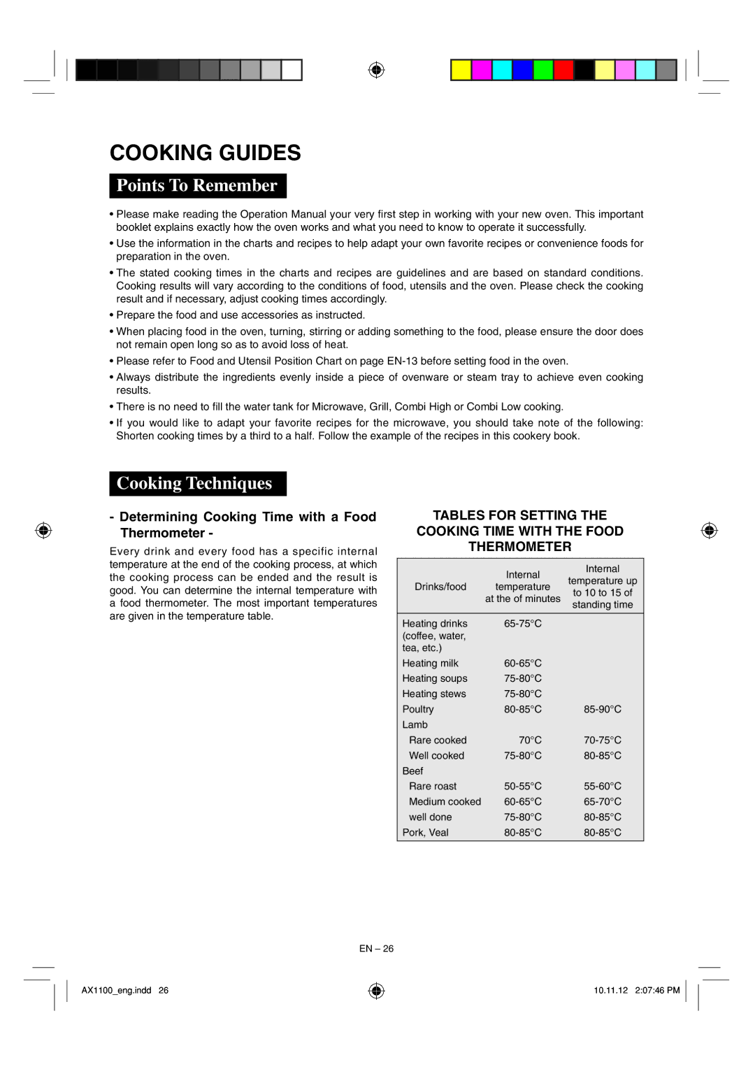 Sharp AX-1100 Cooking Guides, Points To Remember, Cooking Techniques, Determining Cooking Time with a Food Thermometer 