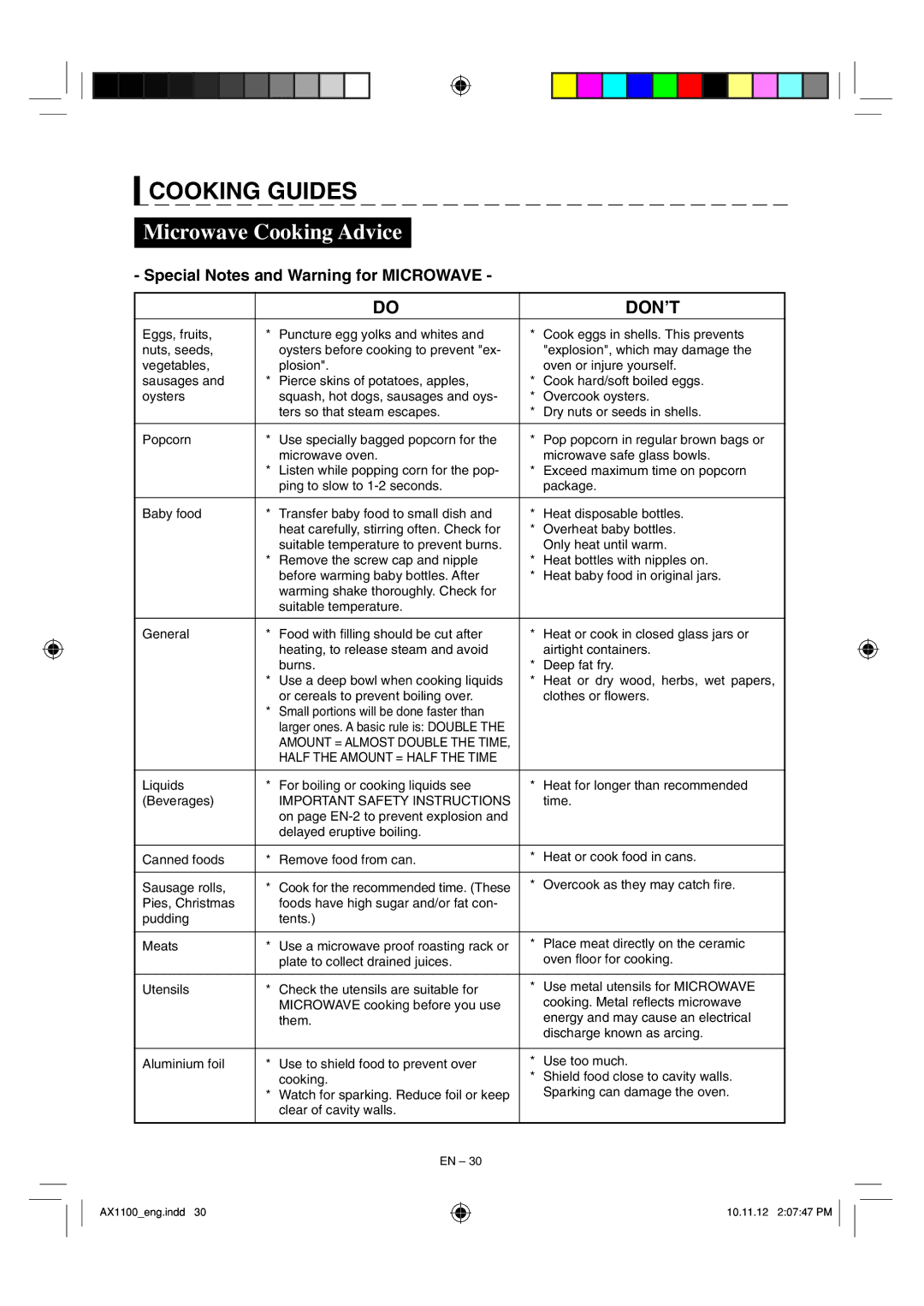 Sharp AX-1100 Microwave Cooking Advice, Special Notes and Warning for Microwave, Time, Overcook as they may catch ﬁ re 