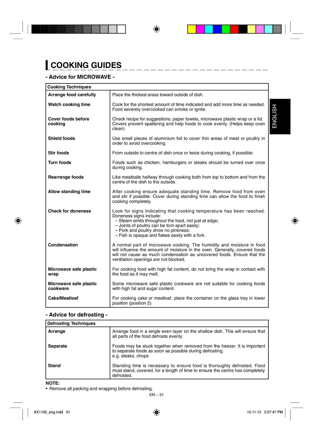 Sharp AX-1100 operation manual Advice for Microwave, Advice for defrosting 