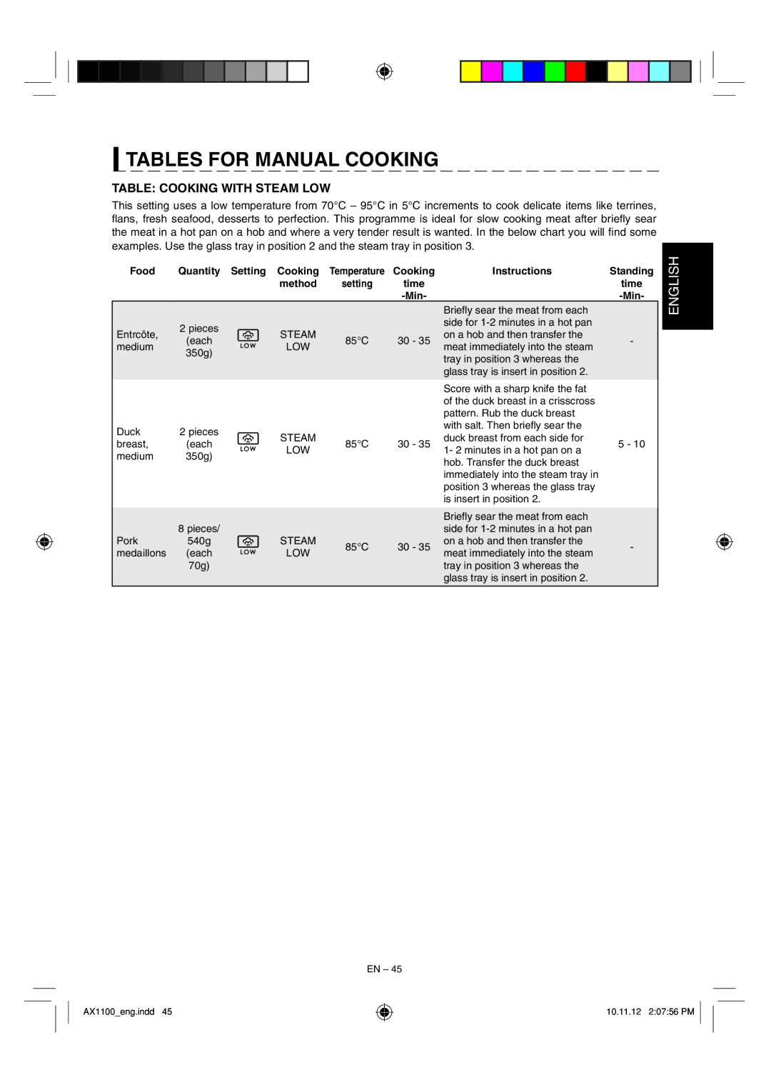 Sharp AX-1100 operation manual Table Cooking with Steam LOW 