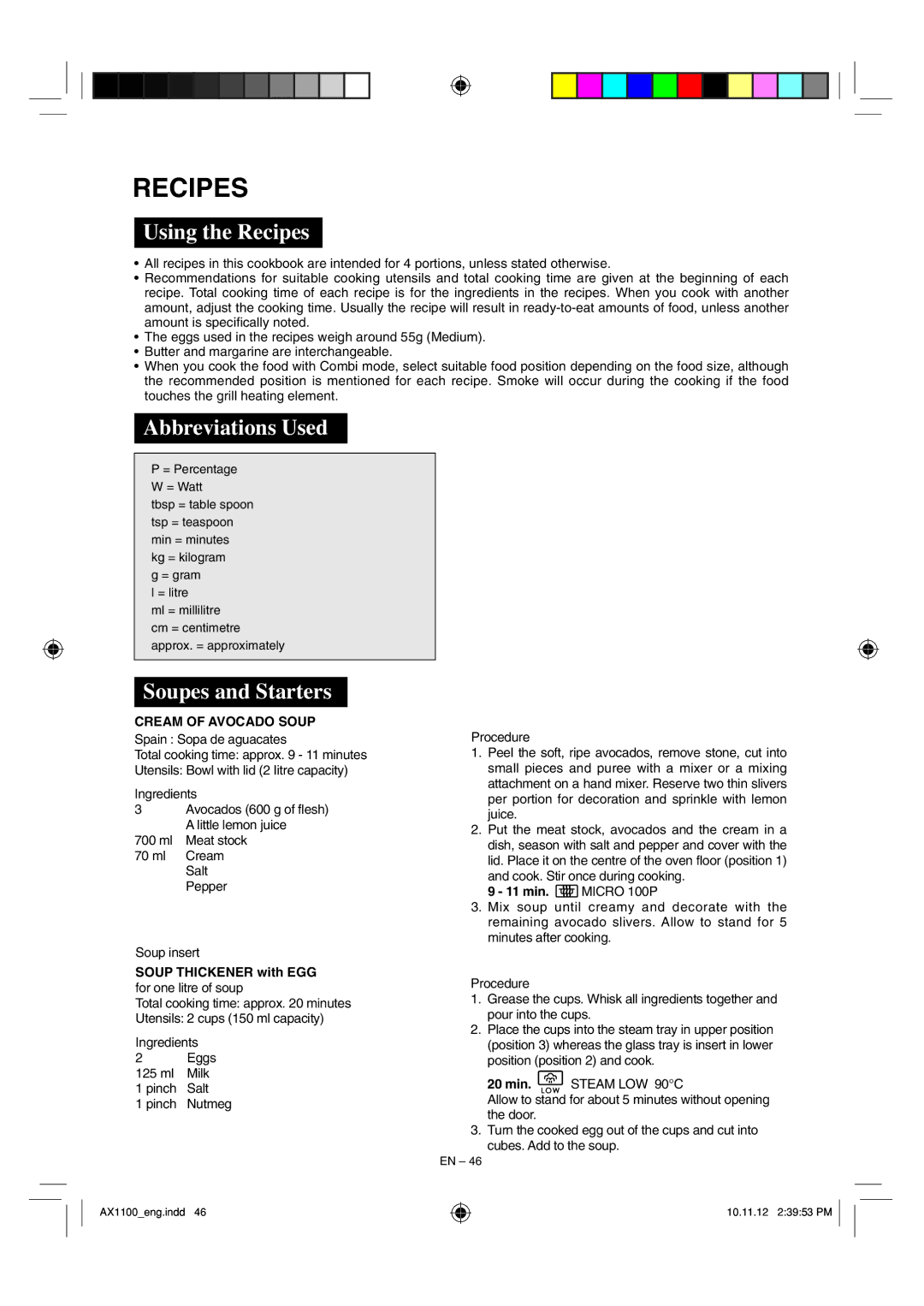 Sharp AX-1100 operation manual Using the Recipes, Abbreviations Used, Soupes and Starters, Cream of Avocado Soup 