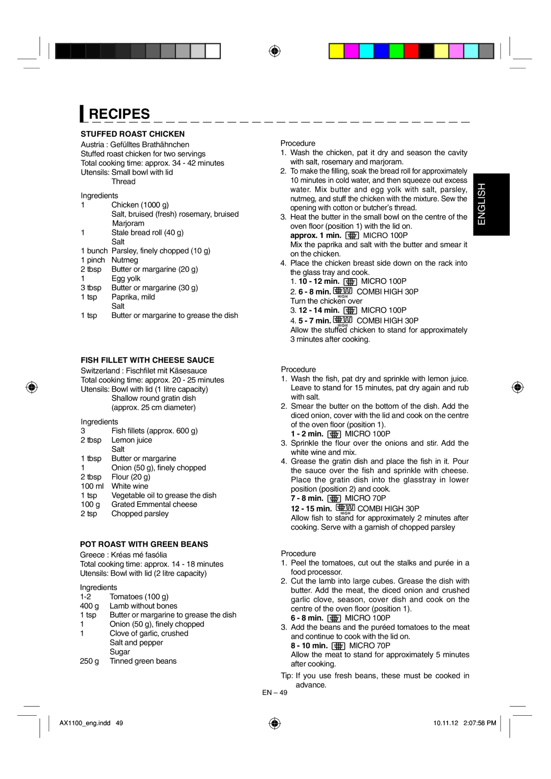 Sharp AX-1100 operation manual Stuffed Roast Chicken, Fish Fillet with Cheese Sauce, POT Roast with Green Beans 