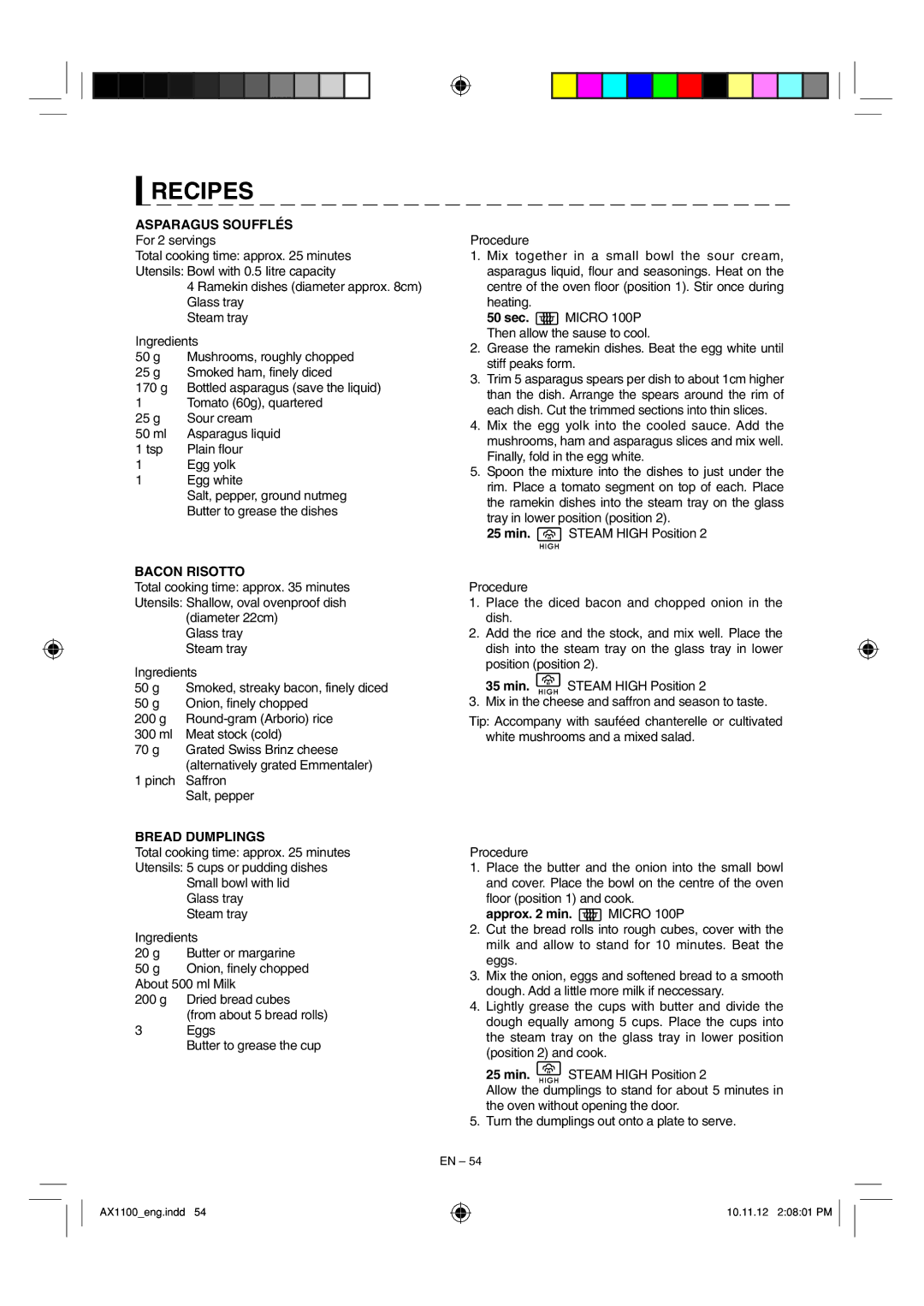 Sharp AX-1100 operation manual Asparagus Soufflés, Tsp Plain flour Egg yolk Egg white, Bacon Risotto, Bread Dumplings 