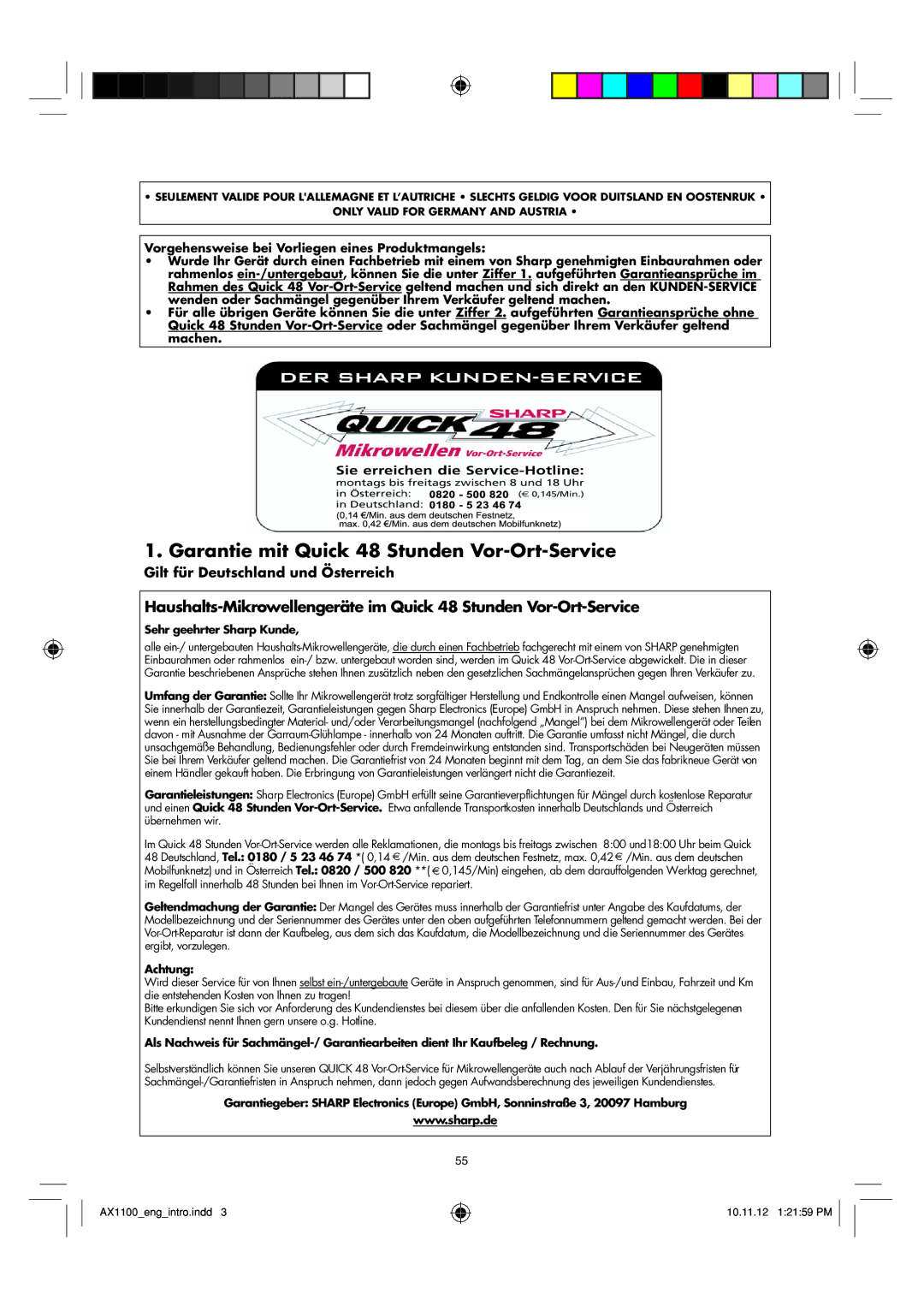 Sharp AX-1100 operation manual Garantie mit Quick 48 Stunden Vor-Ort-Service 