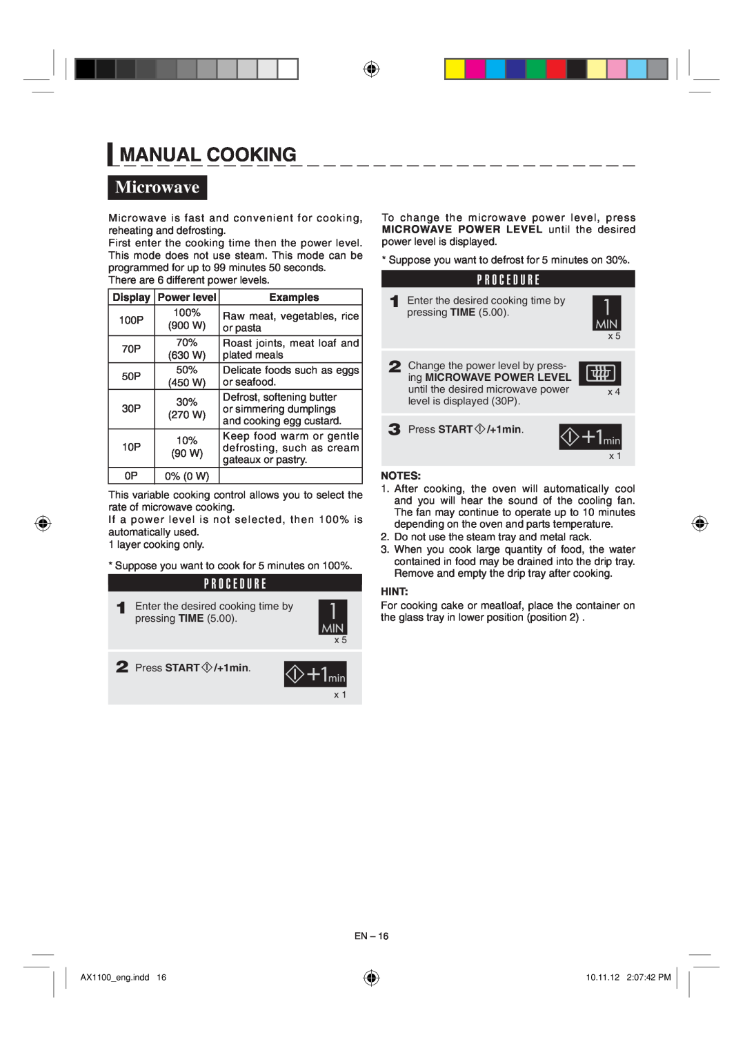 Sharp AX-1100 operation manual Microwave, Manual Cooking, P R O C E D U R E, Display, Examples, Press START/+1min, Hint 