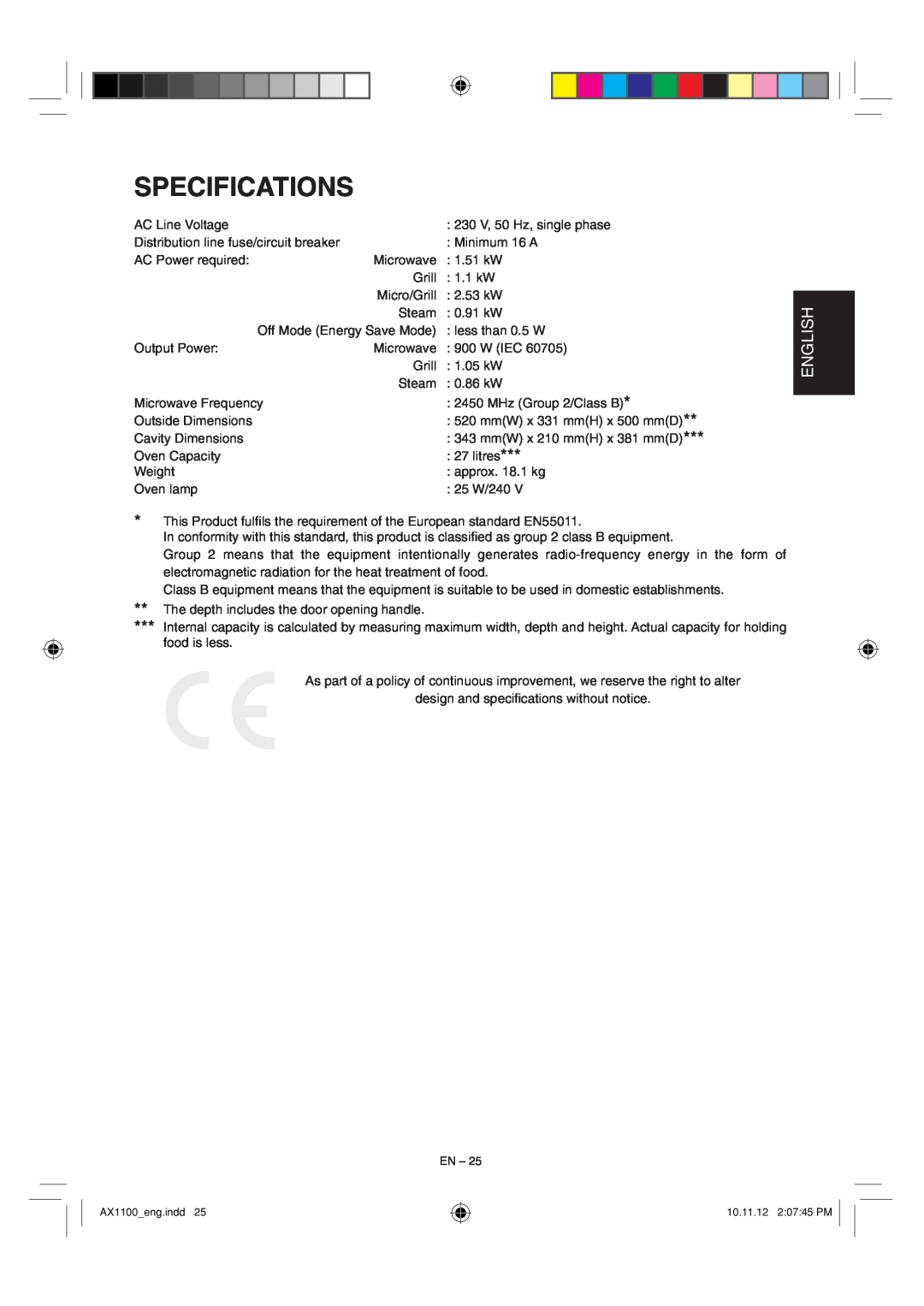 Sharp AX-1100 operation manual Specifications, English 