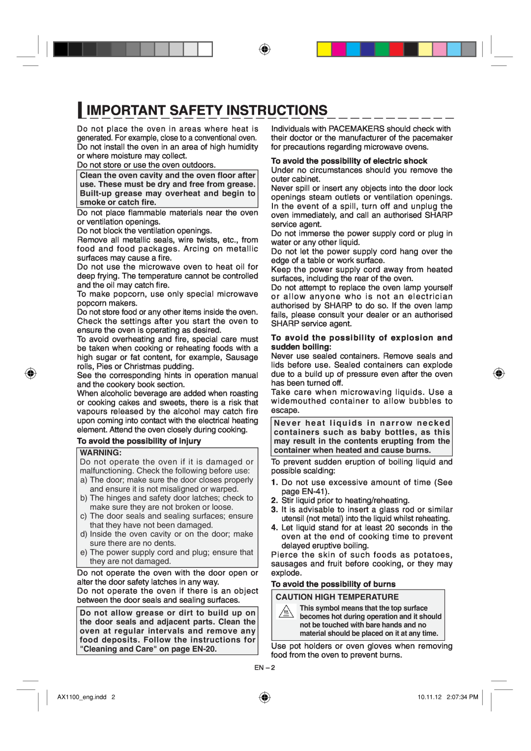Sharp AX-1100 operation manual Important Safety Instructions, To avoid the possibility of injury 