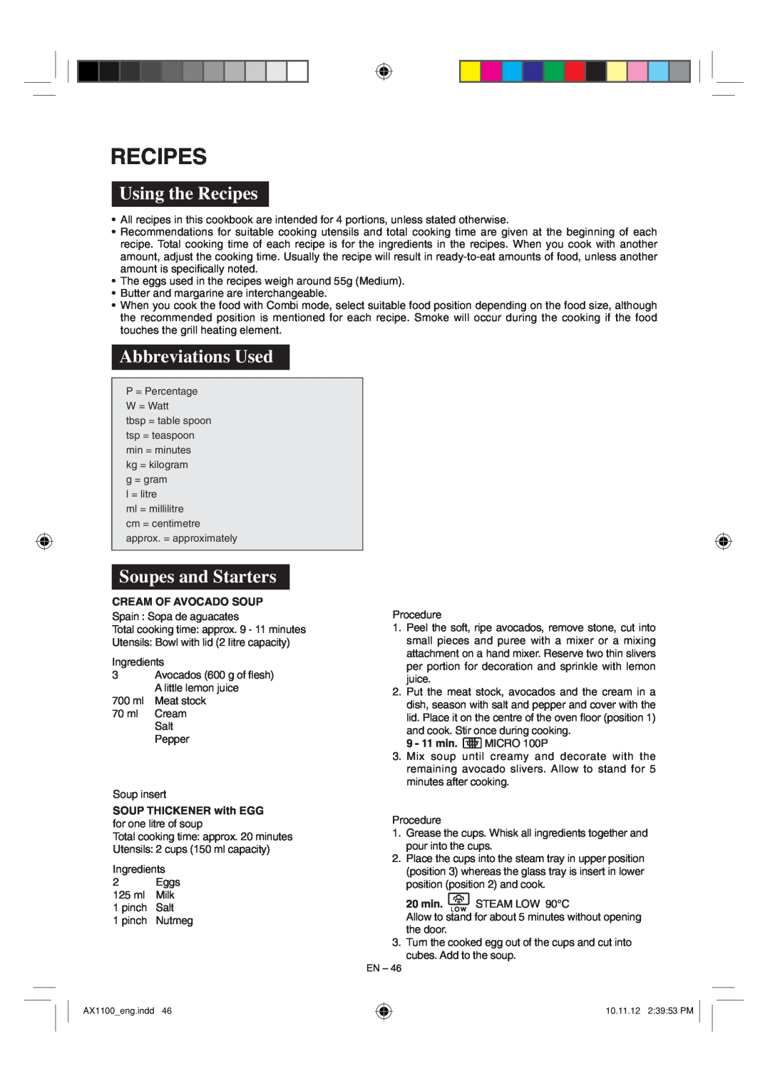 Sharp AX-1100 operation manual Using the Recipes, Abbreviations Used, Soupes and Starters, Cream Of Avocado Soup 