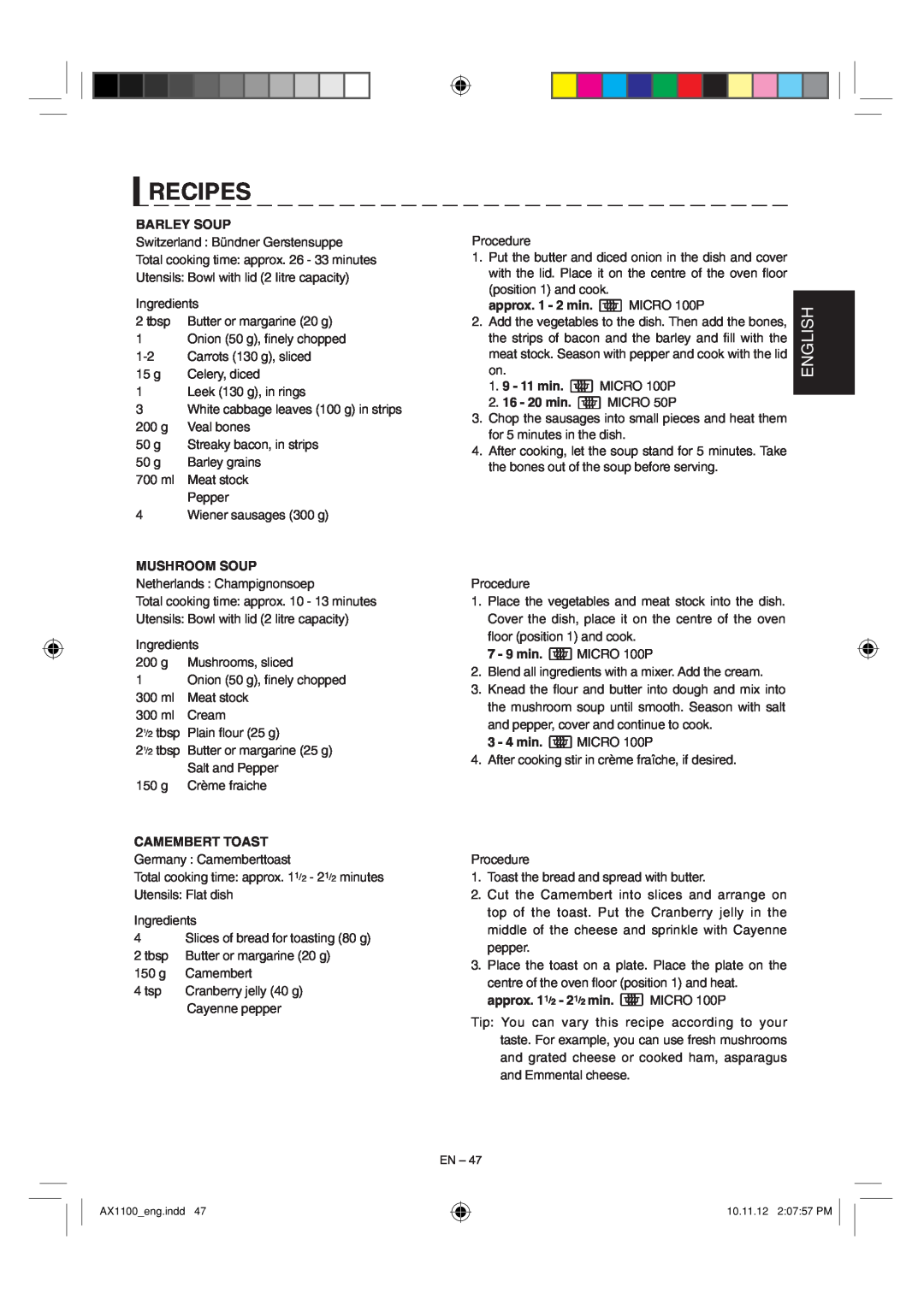 Sharp AX-1100 operation manual Recipes, English, Barley Soup, approx. 1 - 2 min. MICRO 100P, Mushroom Soup, Camembert Toast 
