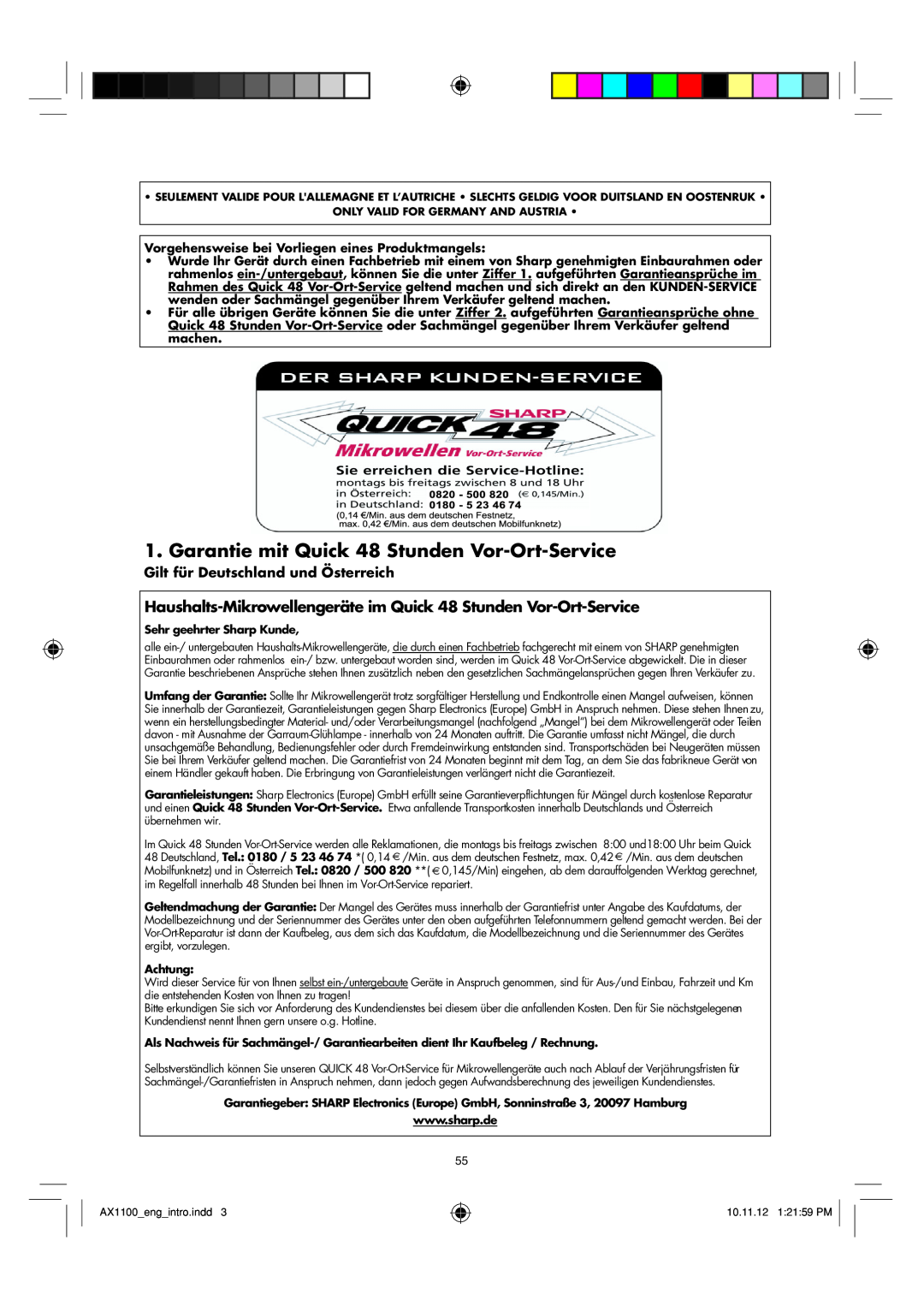 Sharp AX-1100 operation manual Garantie mit Quick 48 Stunden Vor-Ort-Service, Gilt für Deutschland und Österreich 