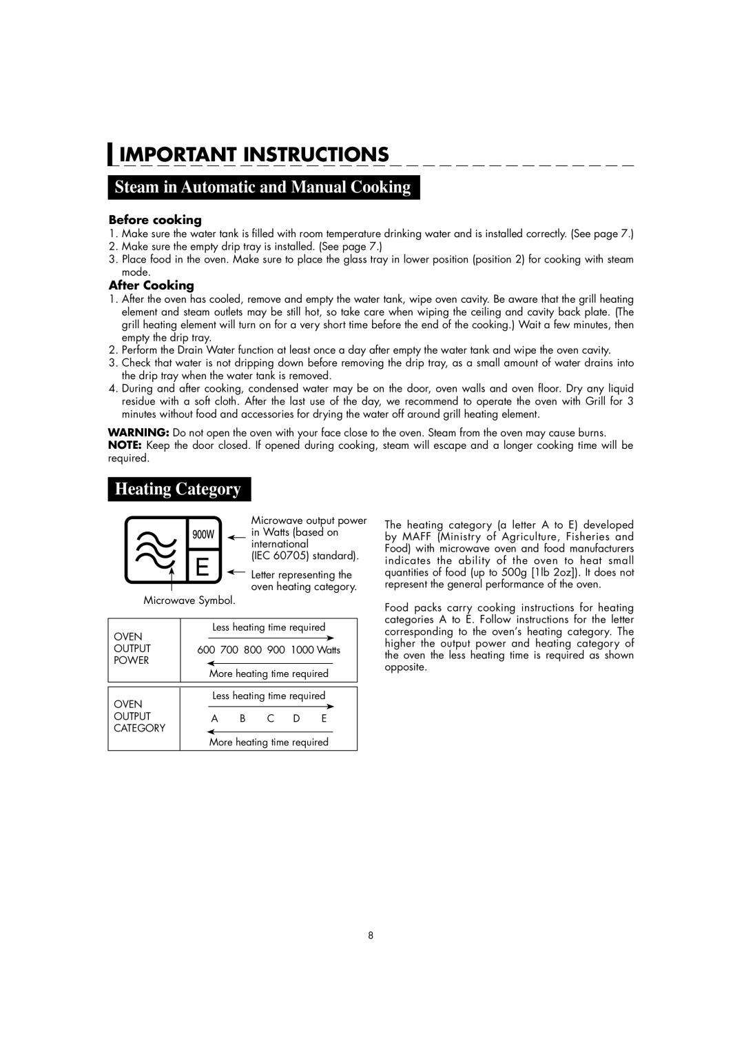 Sharp AX-1100M Important Instructions, Steam in Automatic and Manual Cooking, Heating Category, Before cooking 