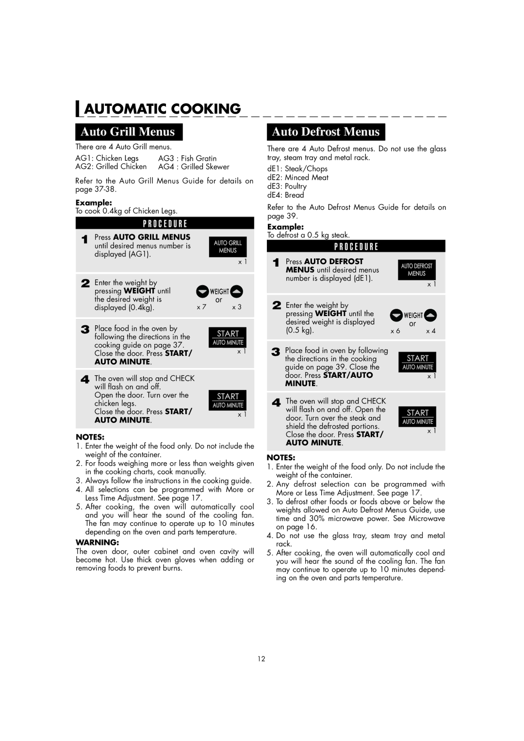 Sharp AX-1100M operation manual Automatic Cooking, Auto Grill Menus, Auto Defrost Menus, Auto Minute 