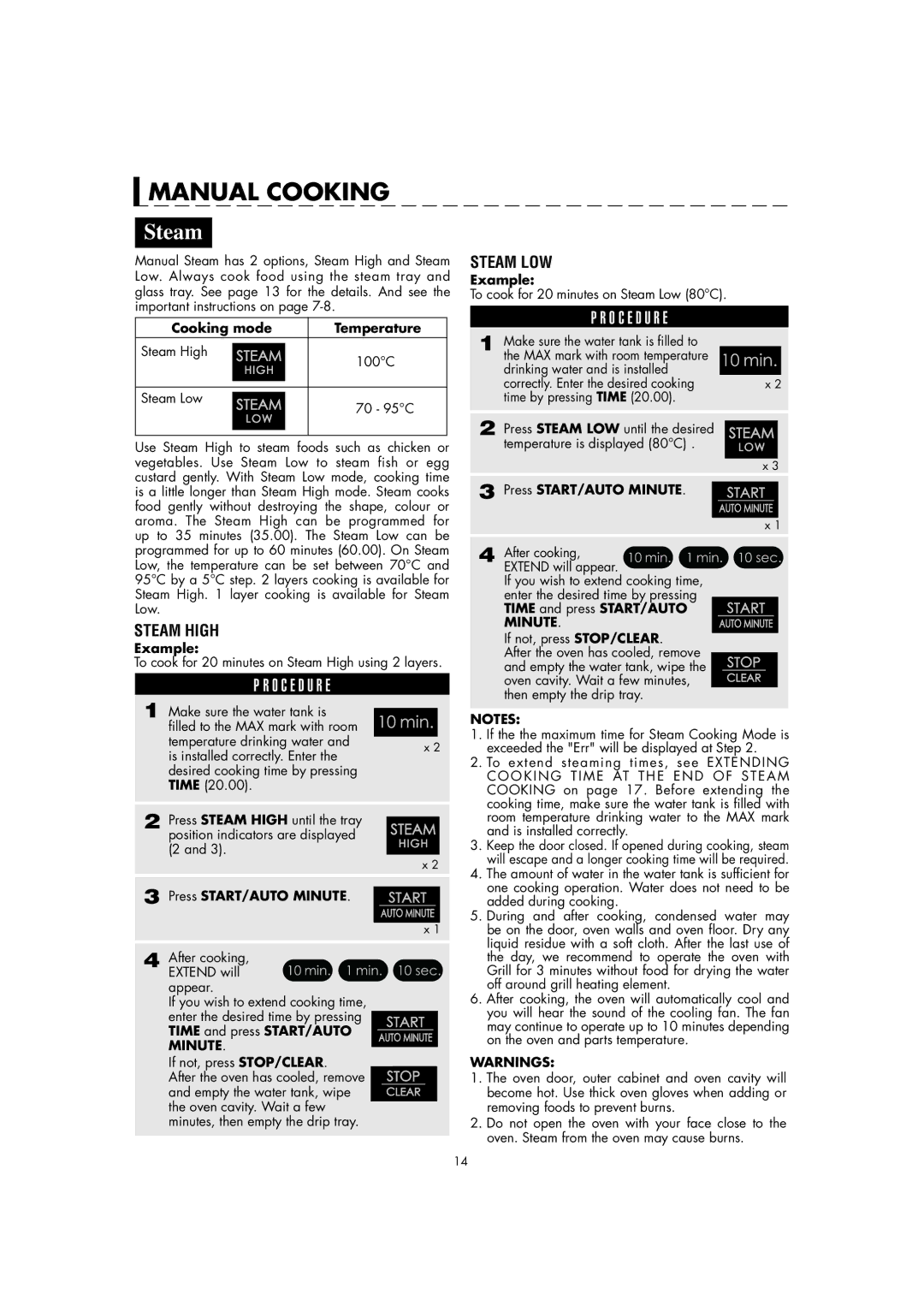 Sharp AX-1100M operation manual Manual Cooking, Steam, Cooking mode Temperature, Time and press START/AUTO 