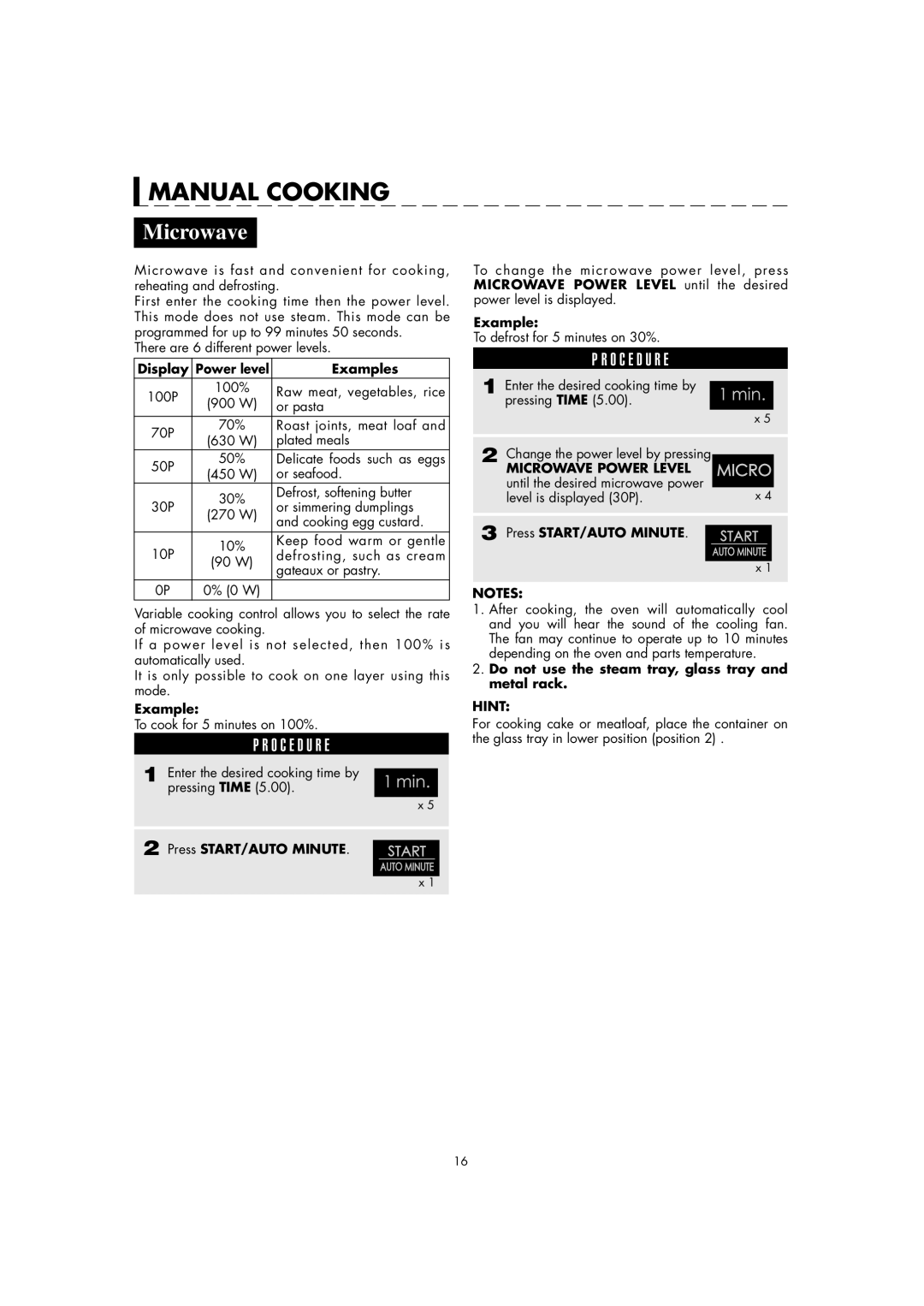 Sharp AX-1100M operation manual Microwave Power Level, Hint 