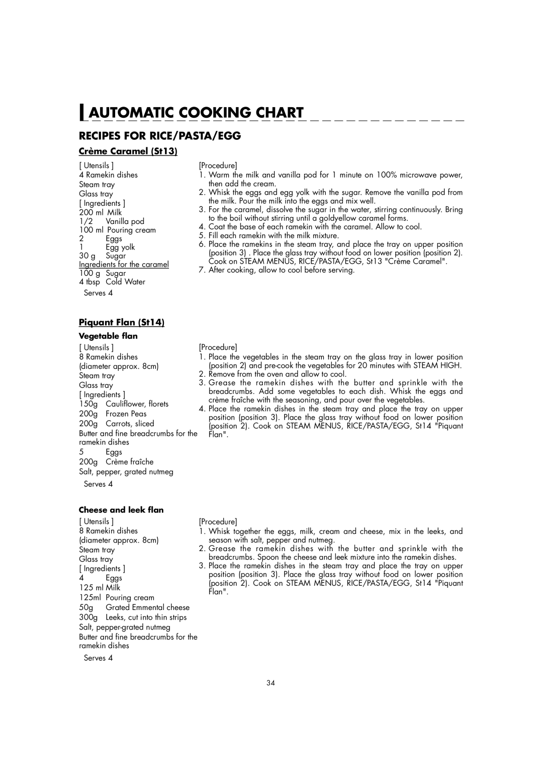 Sharp AX-1100M Crème Caramel St13, Piquant Flan St14, After cooking, allow to cool before serving, Vegetable ﬂan 