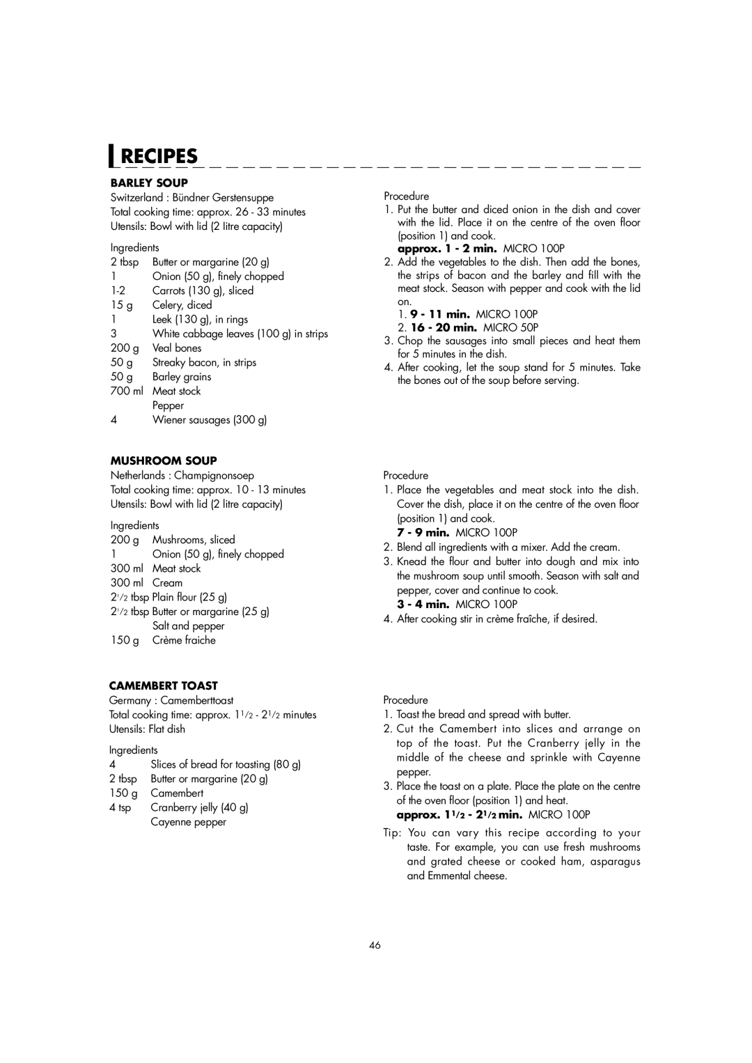 Sharp AX-1100M operation manual Recipes, Barley Soup 