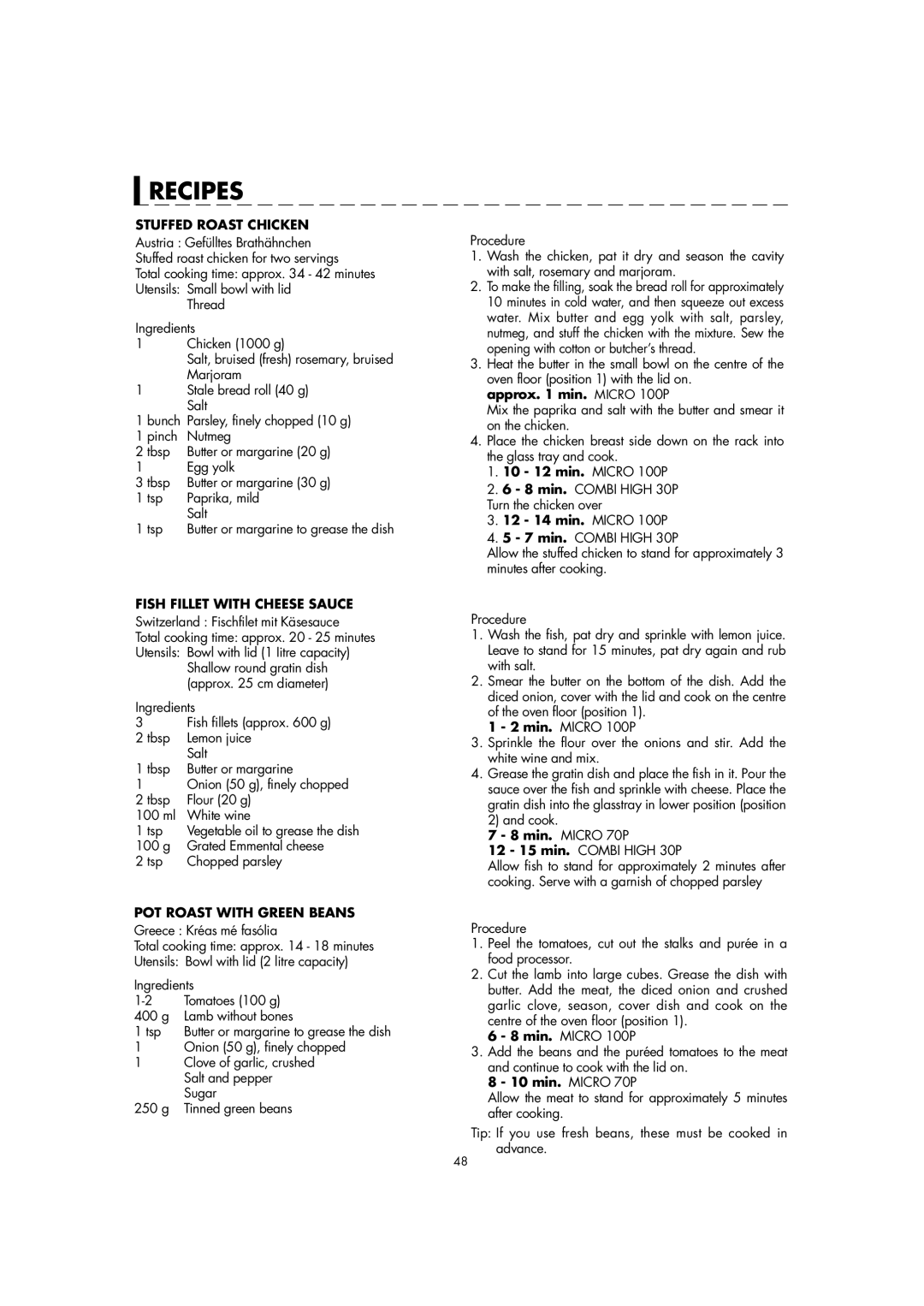 Sharp AX-1100M operation manual Stuffed Roast Chicken, Fish Fillet with Cheese Sauce, POT Roast with Green Beans 