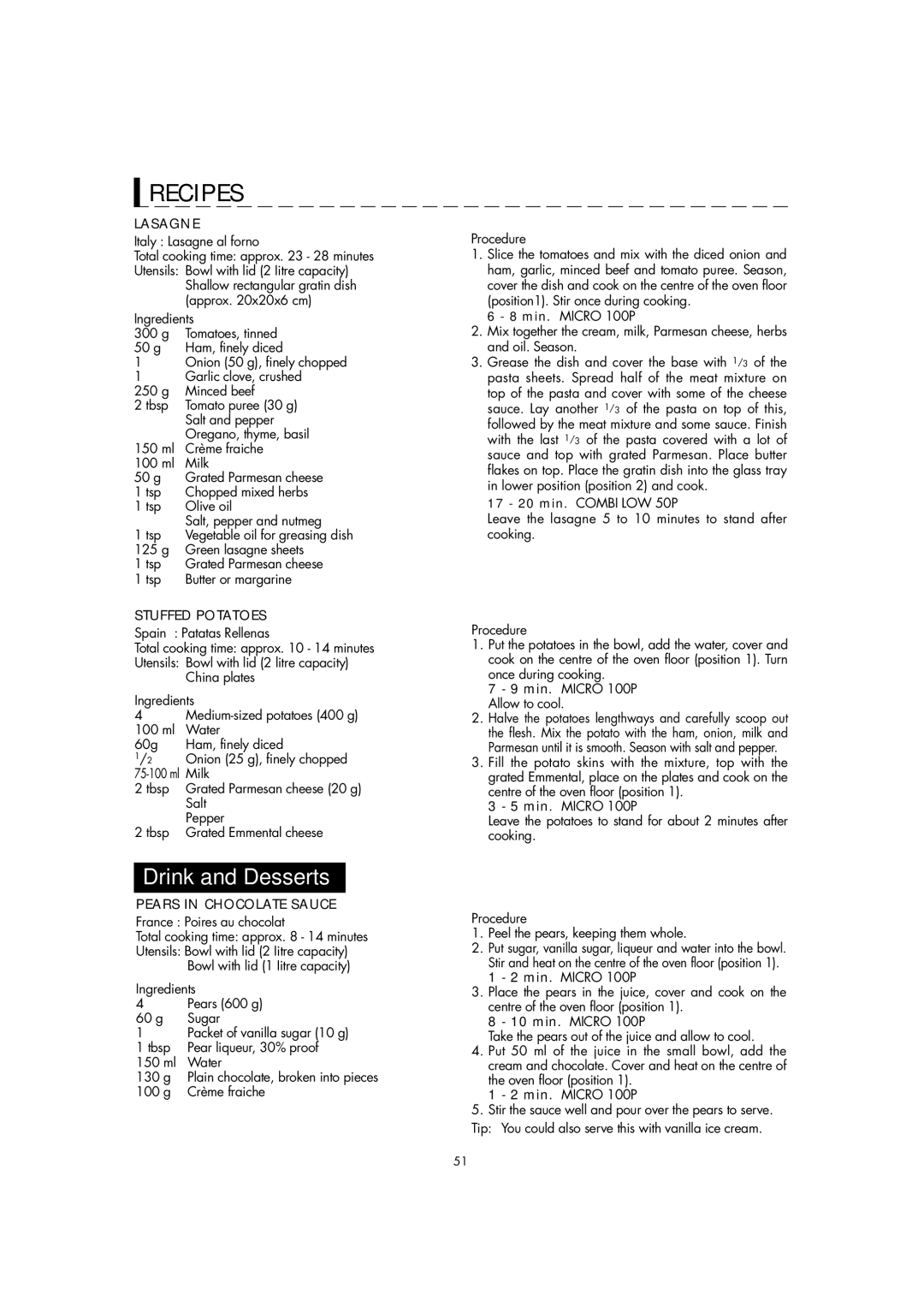 Sharp AX-1100M operation manual Drink and Desserts, Lasagne, Stuffed Potatoes, Pears in Chocolate Sauce 