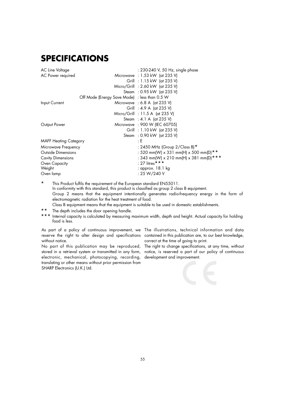 Sharp AX-1100M operation manual Specifications, Grill At 235 Micro/Grill 11.5 a Steam Output Power, Iec 