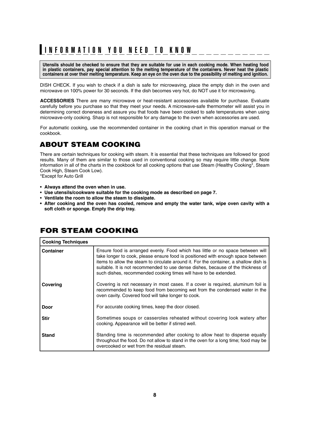 Sharp AX-1100S, AX-1100R operation manual About Steam Cooking, For Steam Cooking 