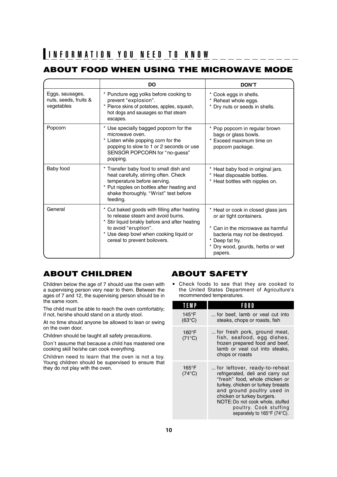 Sharp AX-1100S, AX-1100R operation manual About Food When Using the Microwave Mode, About Children About Safety, Don’T 