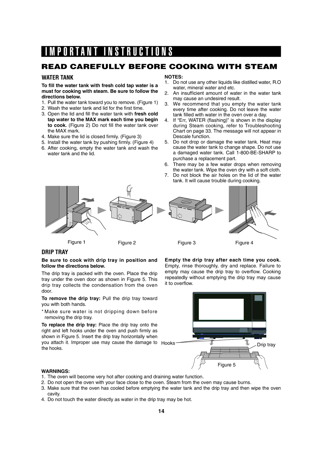 Sharp AX-1100S P O R T a N T I N S T R U C T I O N S, Read Carefully Before Cooking with Steam, Water Tank, Drip Tray 