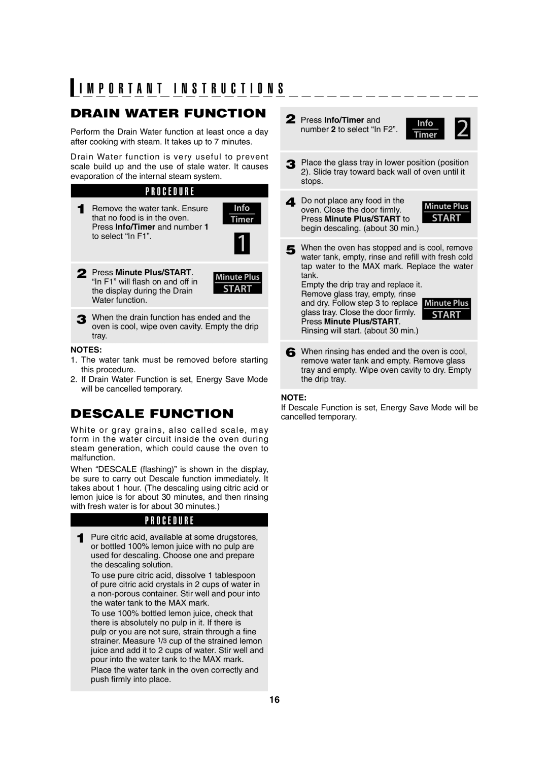 Sharp AX-1100S, AX-1100R operation manual Drain Water Function, Descale Function, Press Info/Timer 