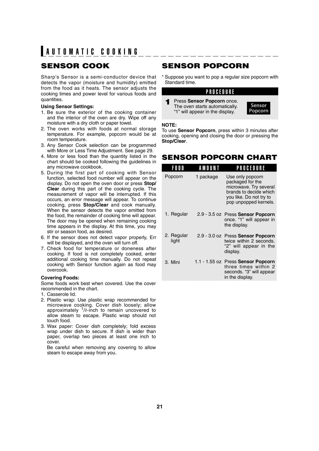 Sharp AX-1100R, AX-1100S Sensor Cook Sensor Popcorn, Sensor Popcorn Chart, Using Sensor Settings, Covering Foods 