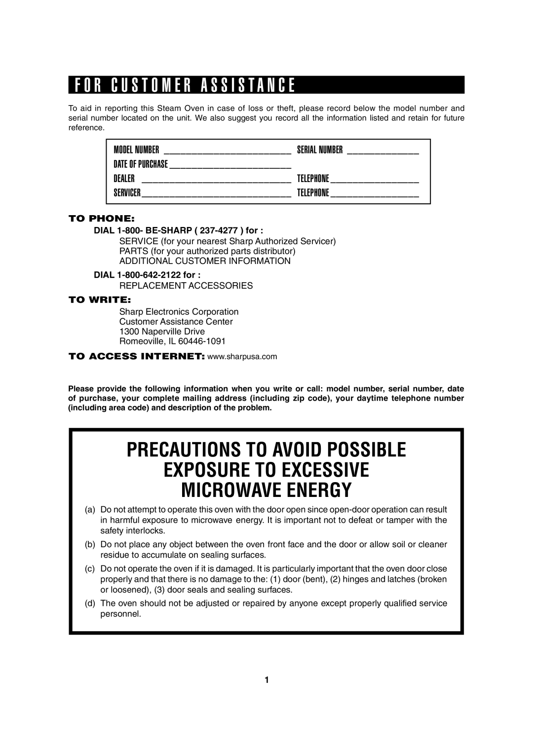 Sharp AX-1100R, AX-1100S operation manual R C U S T O M E R a S S I S T a N C E, Serial Number 