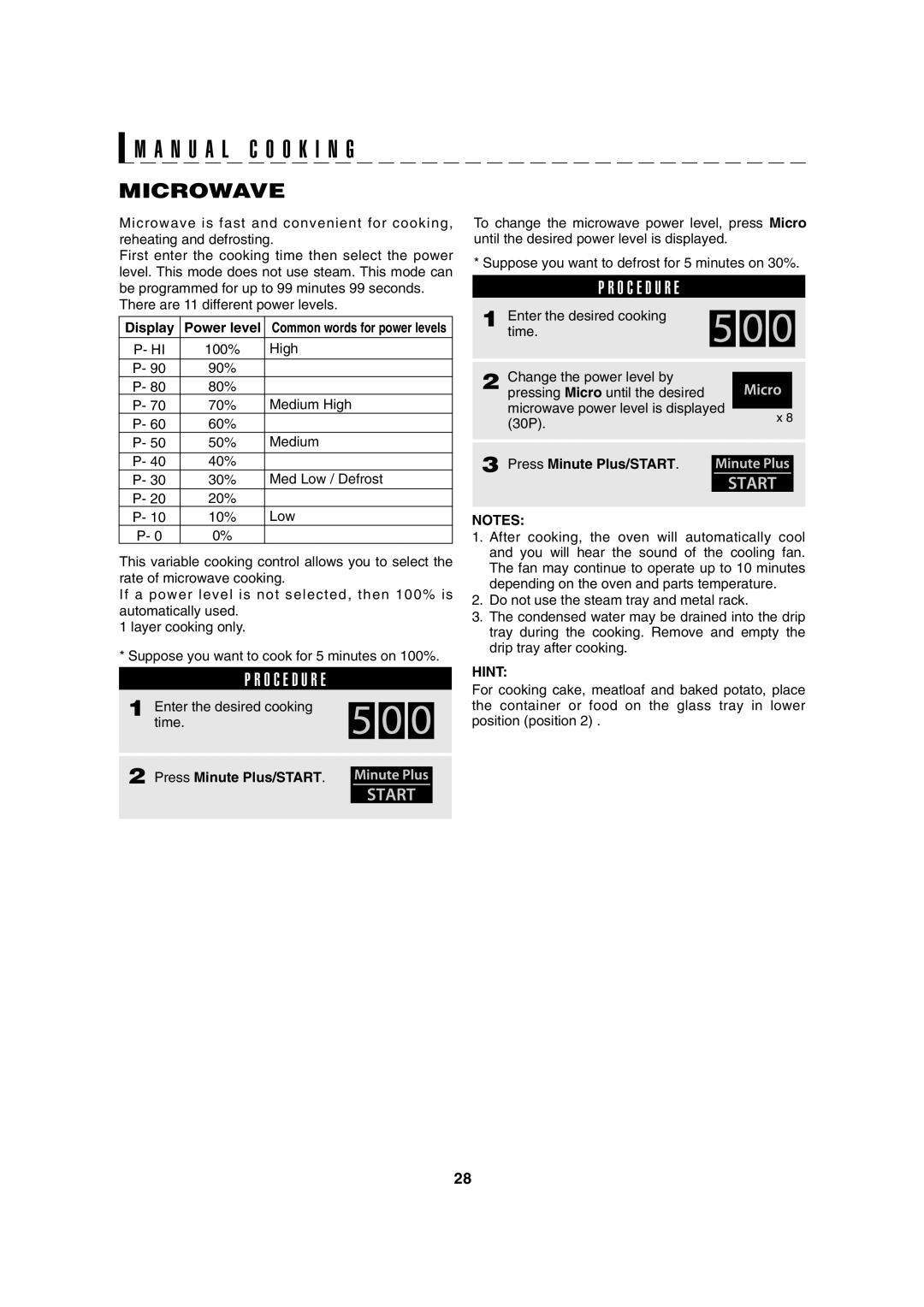 Sharp AX-1100S, AX-1100R operation manual Microwave, Display Power level, Hint 