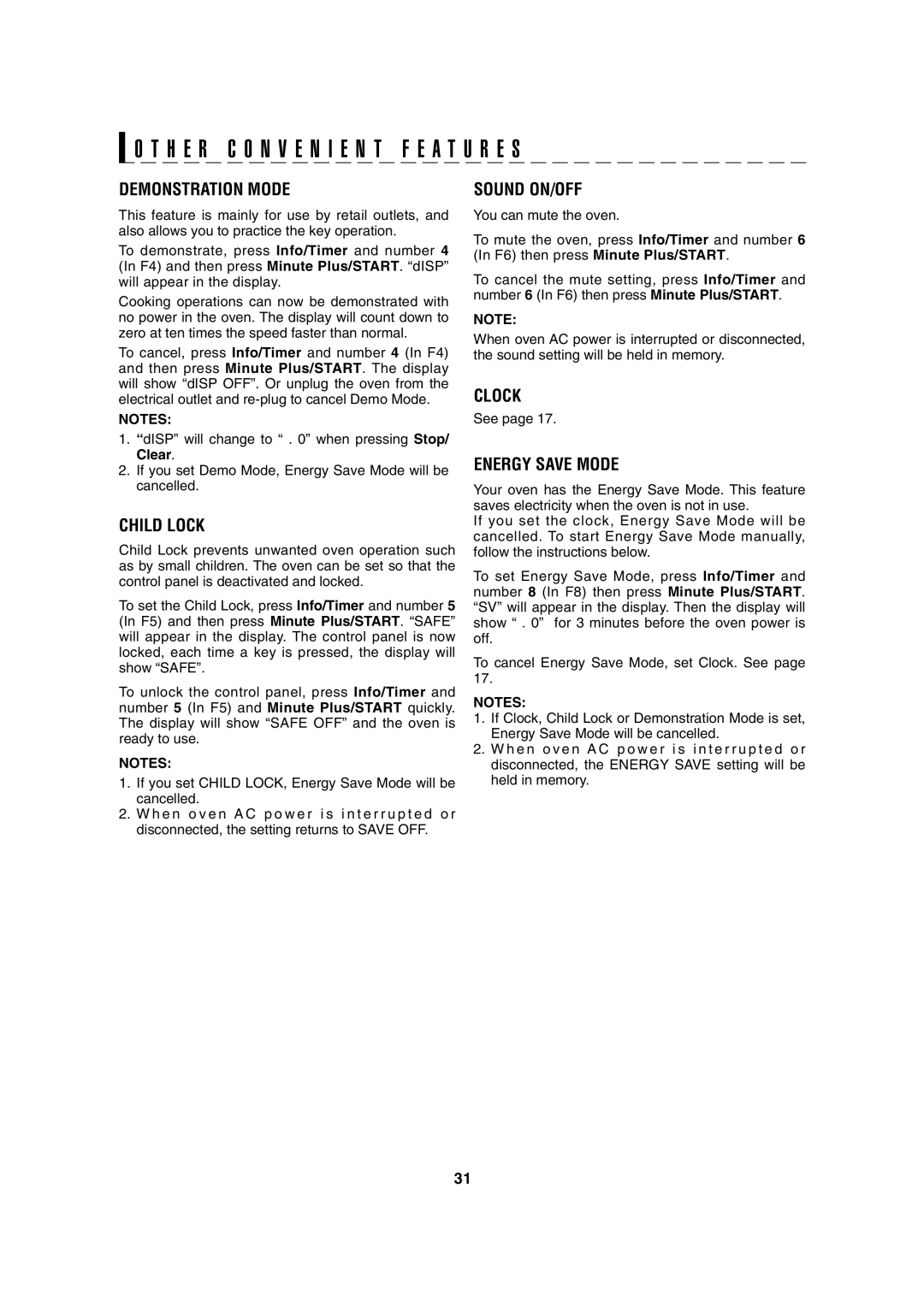 Sharp AX-1100R, AX-1100S operation manual Demonstration Mode, Child Lock, Sound ON/OFF, Clock, Energy Save Mode 