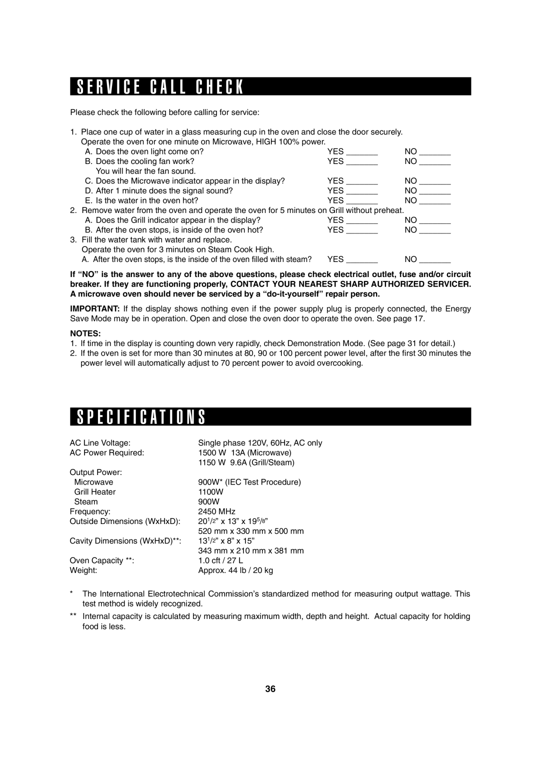 Sharp AX-1100S, AX-1100R operation manual R V I C E C a L L C H E C K, Specification S, AC Line Voltage 