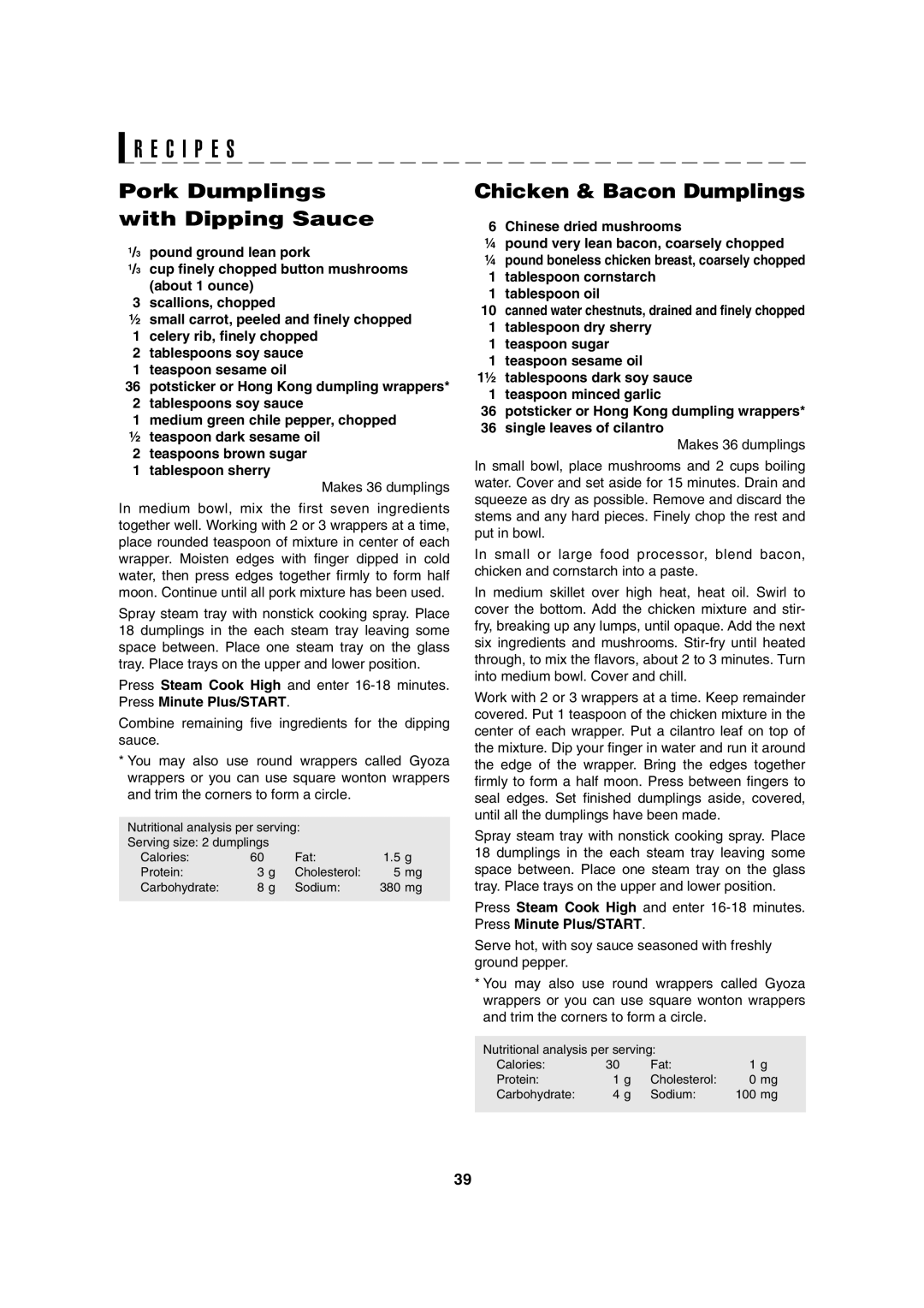 Sharp AX-1100R, AX-1100S C I P E S, Pork Dumplings with Dipping Sauce, Chicken & Bacon Dumplings, Makes 36 dumplings 